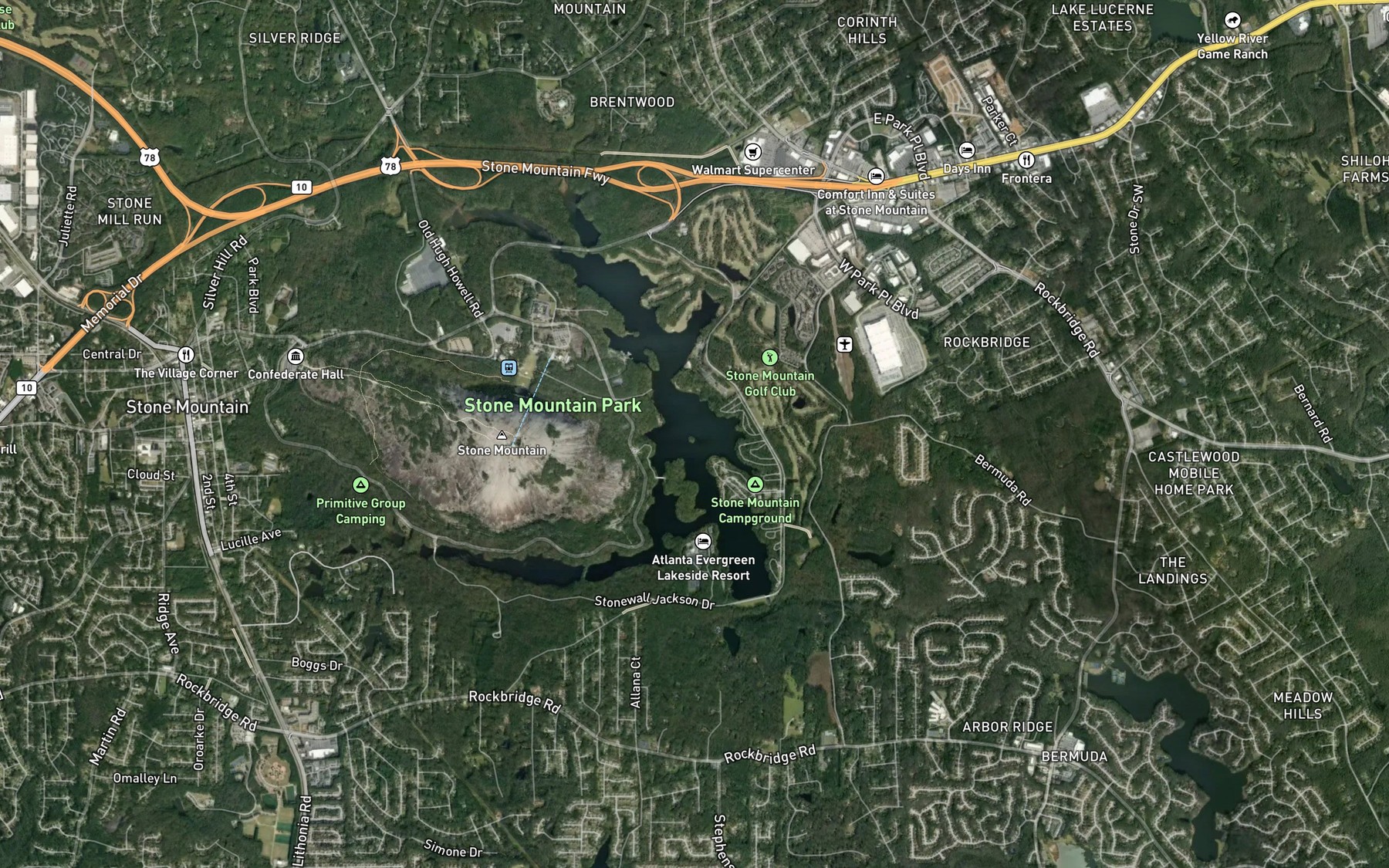 Satellite map of the Stone Mountain Lake