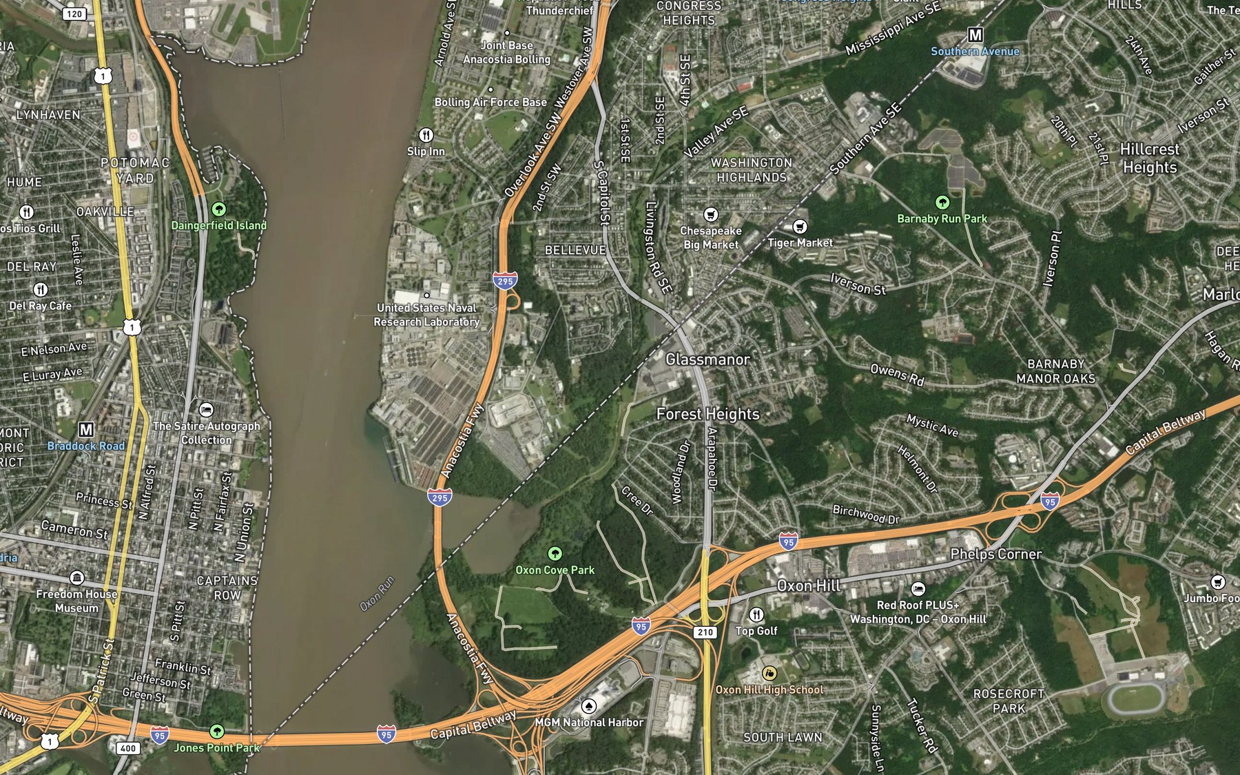 Satellite map of the Oxon Run