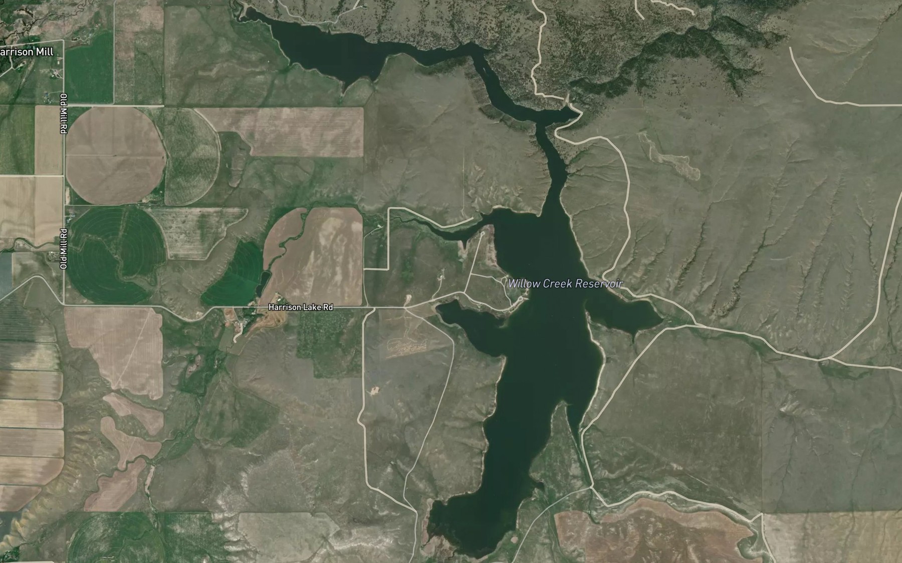 Satellite map of the Willow Creek Reservoir