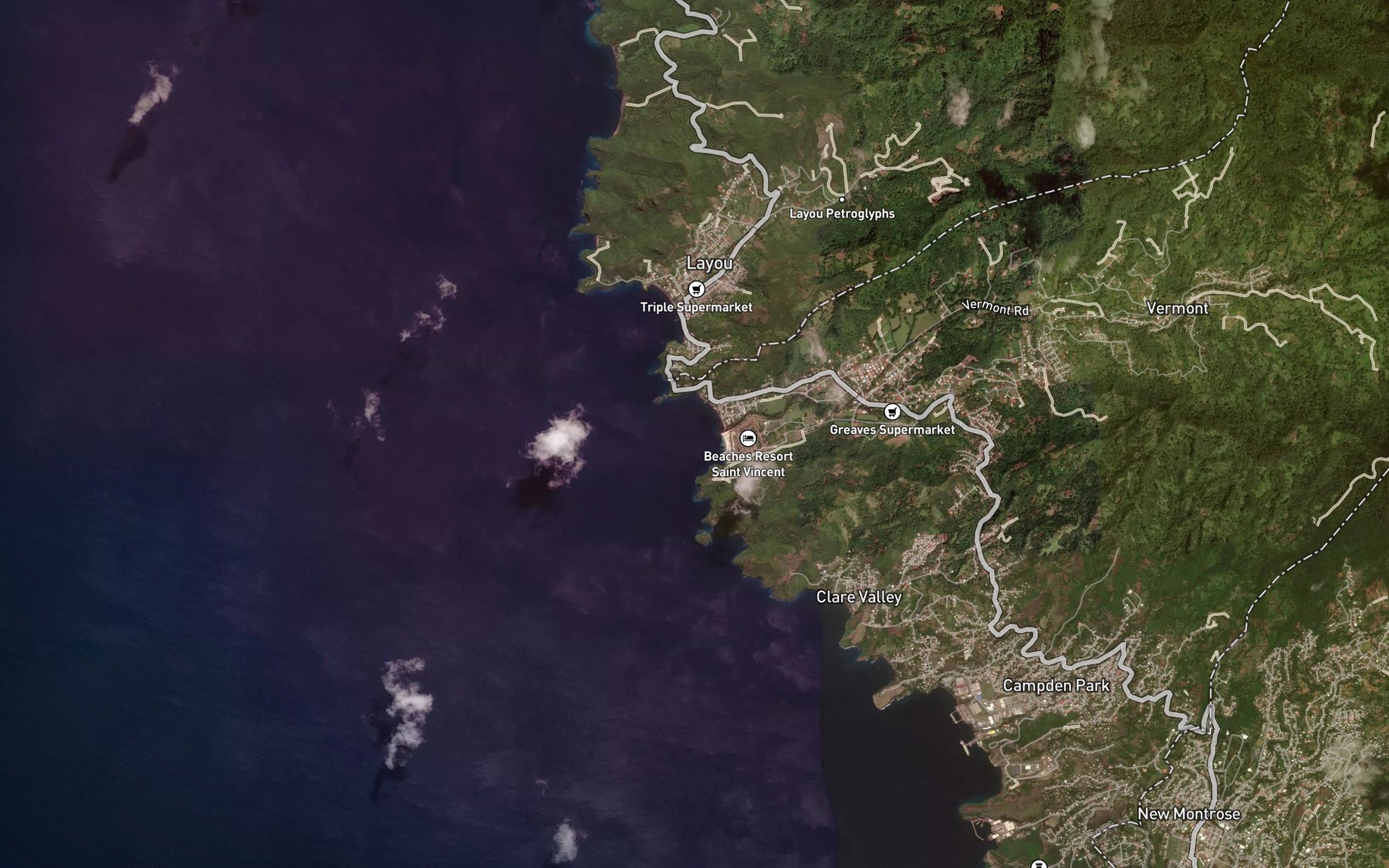 Satellite map of the Buccament Bay