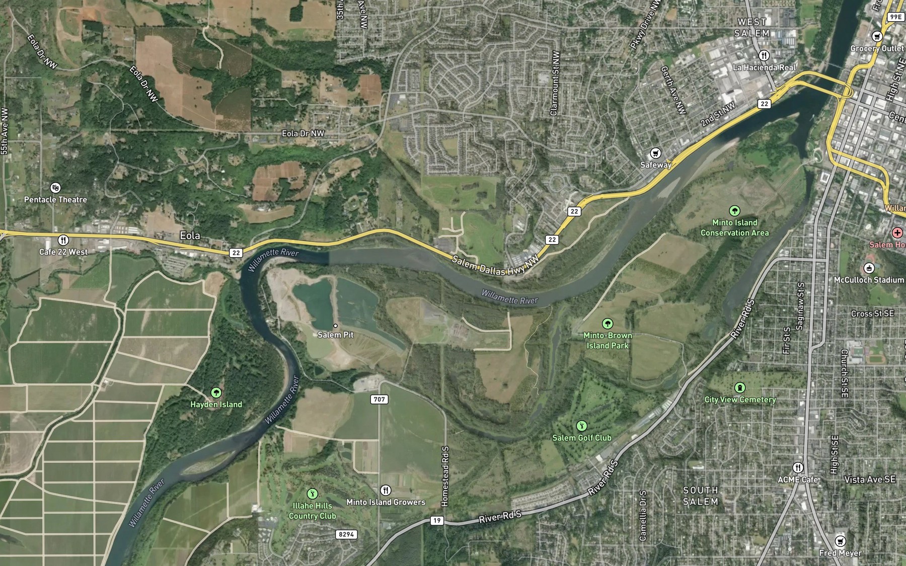 Satellite map of the Eola Bend County Park