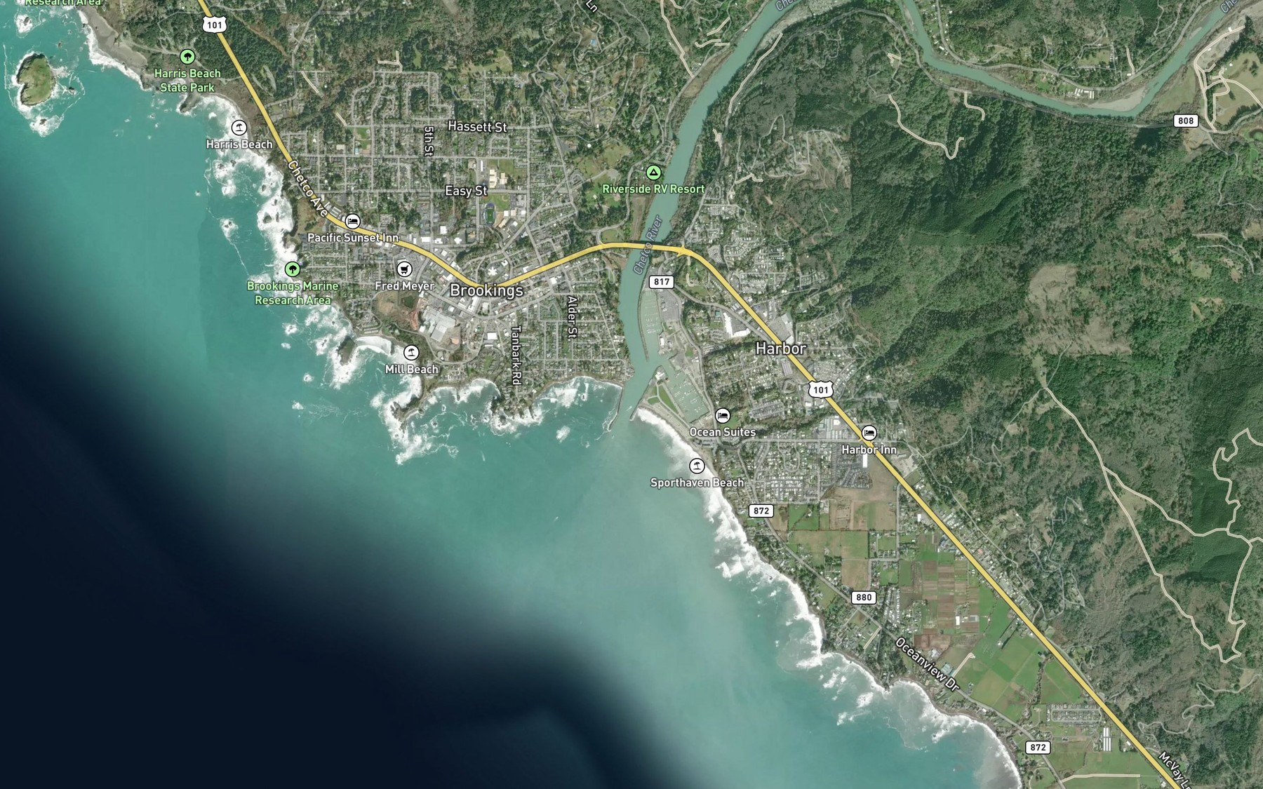 Satellite map of the Chetco River
