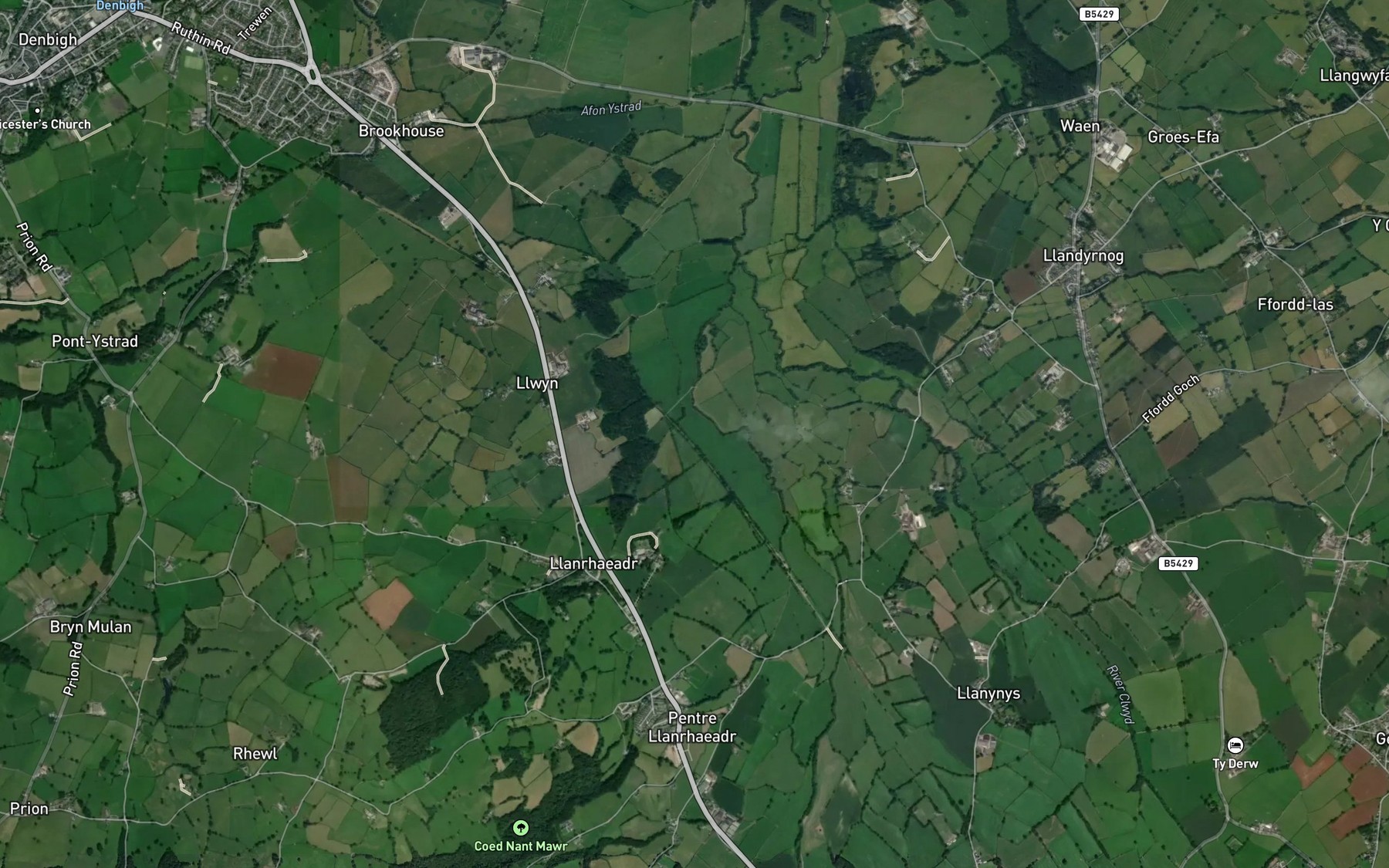 Satellite map of the River Clywedog