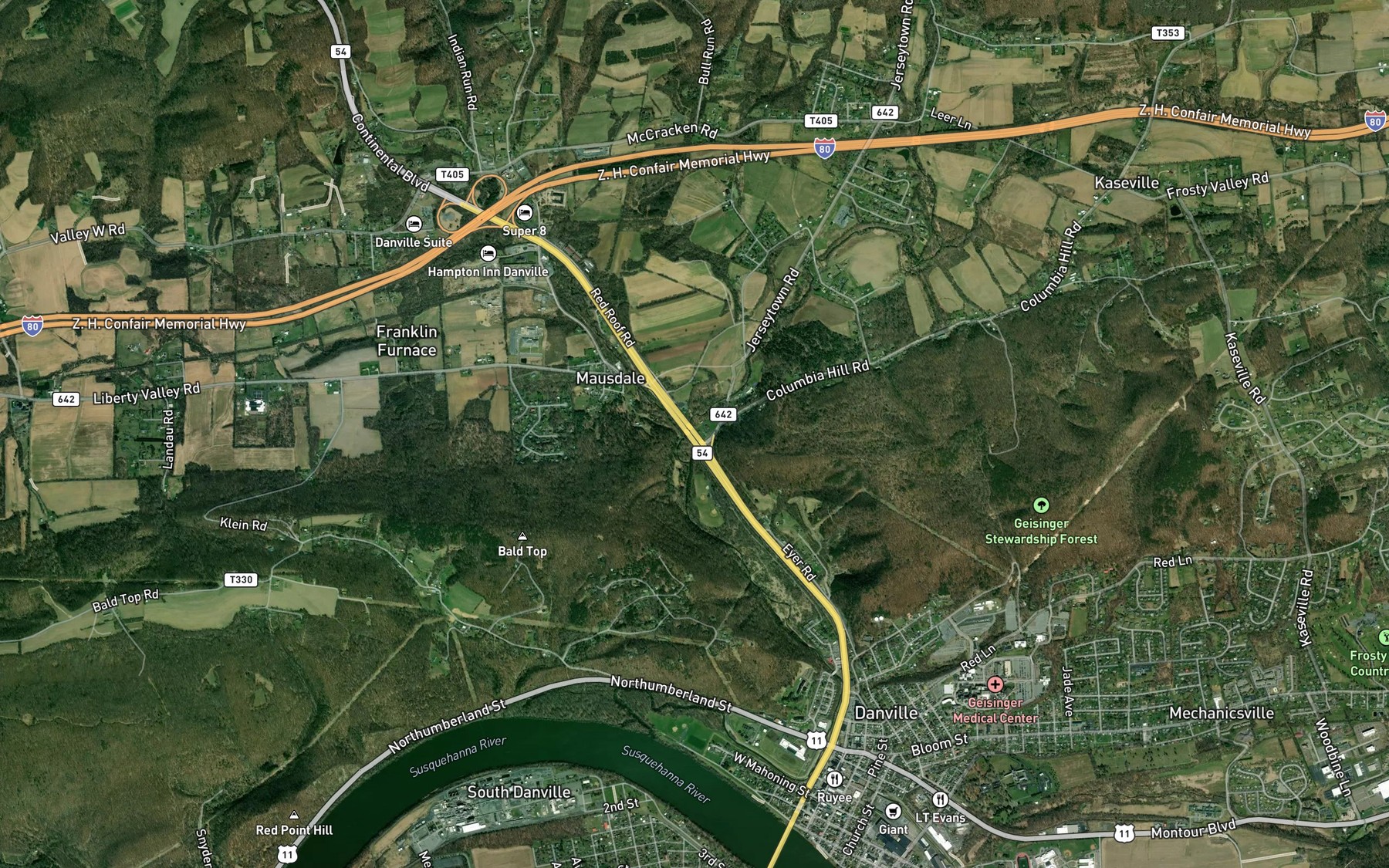Satellite map of the Mauses Creek