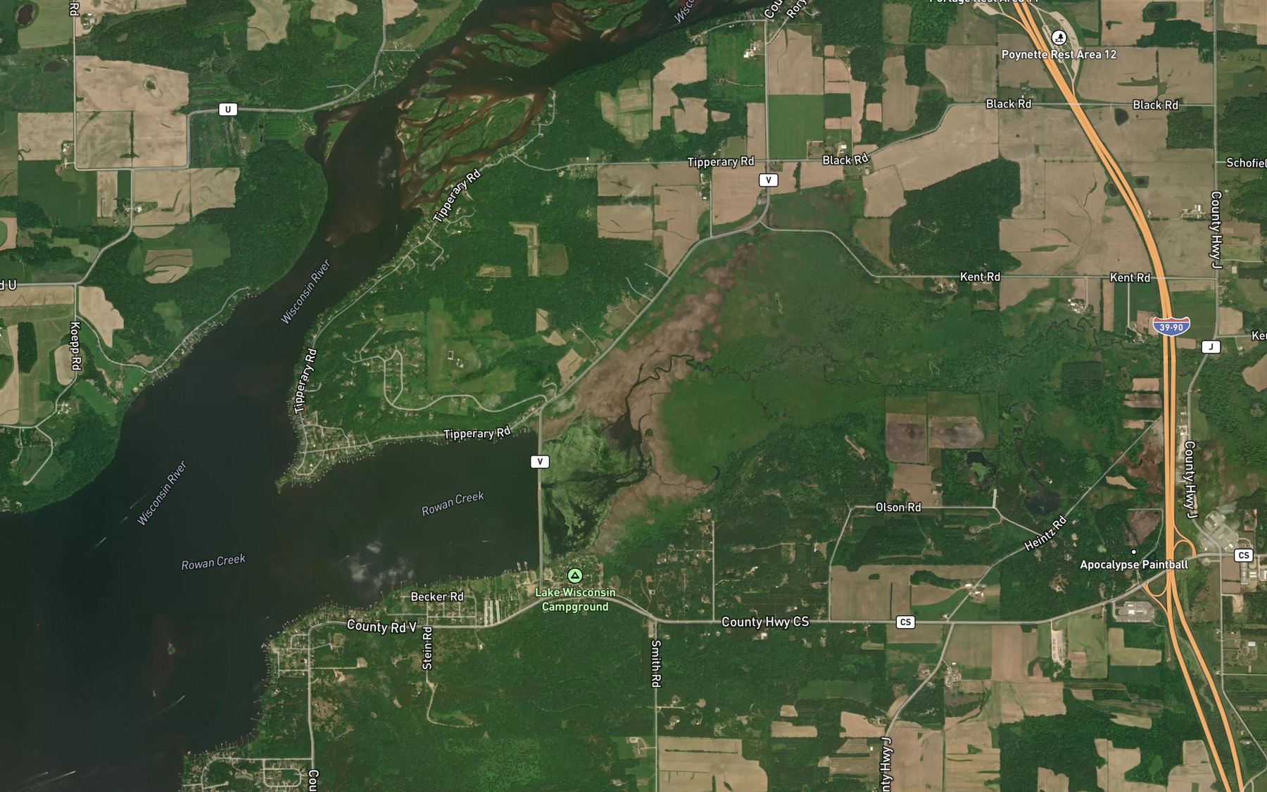 Satellite map of the Rowan Creek