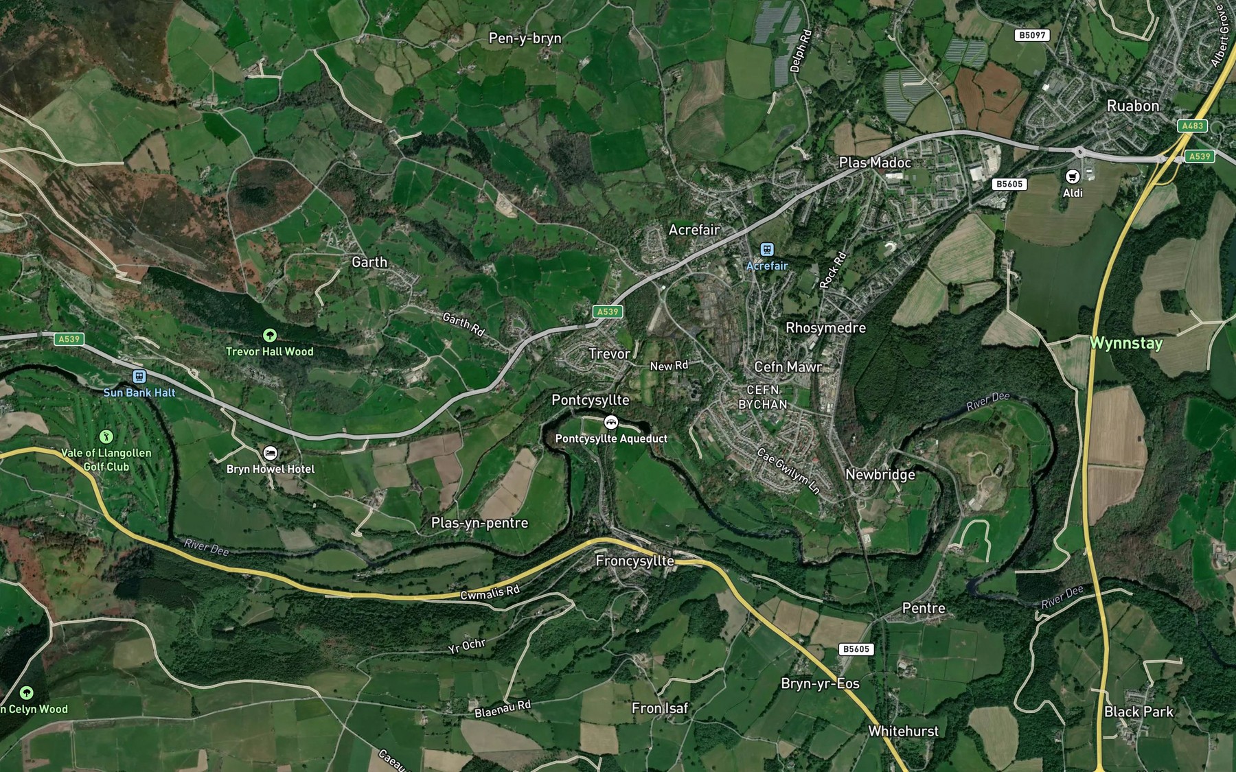 Satellite map of the Pontcysyllte Aqueduct and Canal