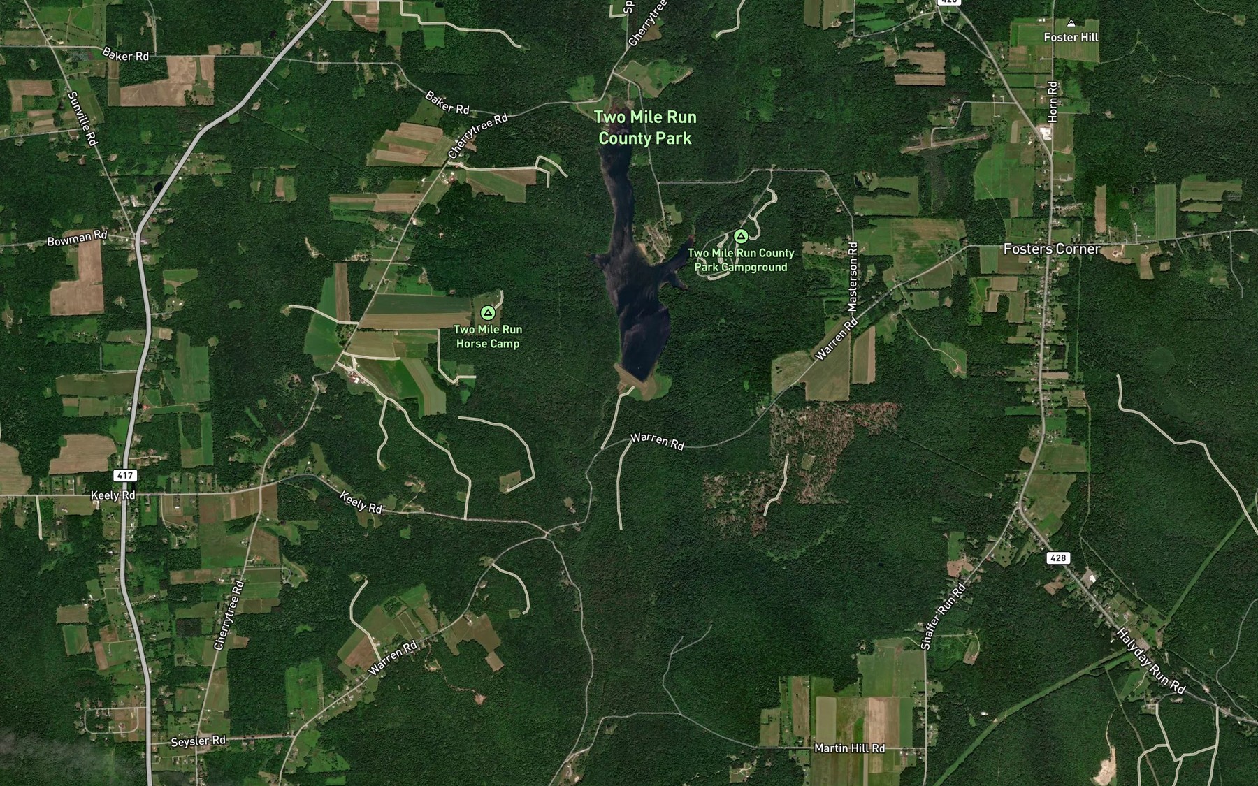 Satellite map of the Two Mile Run Reservoir