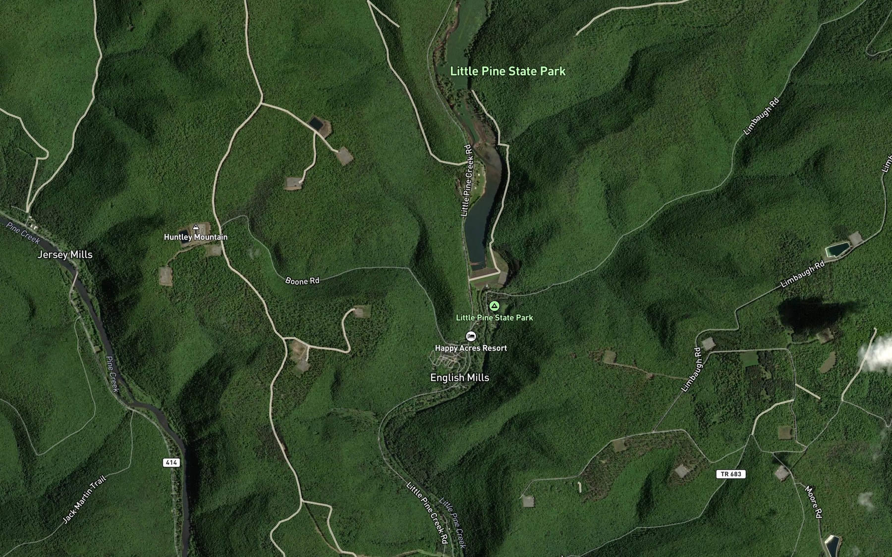 Satellite map of the Little Pine Creek State Park Reservoir