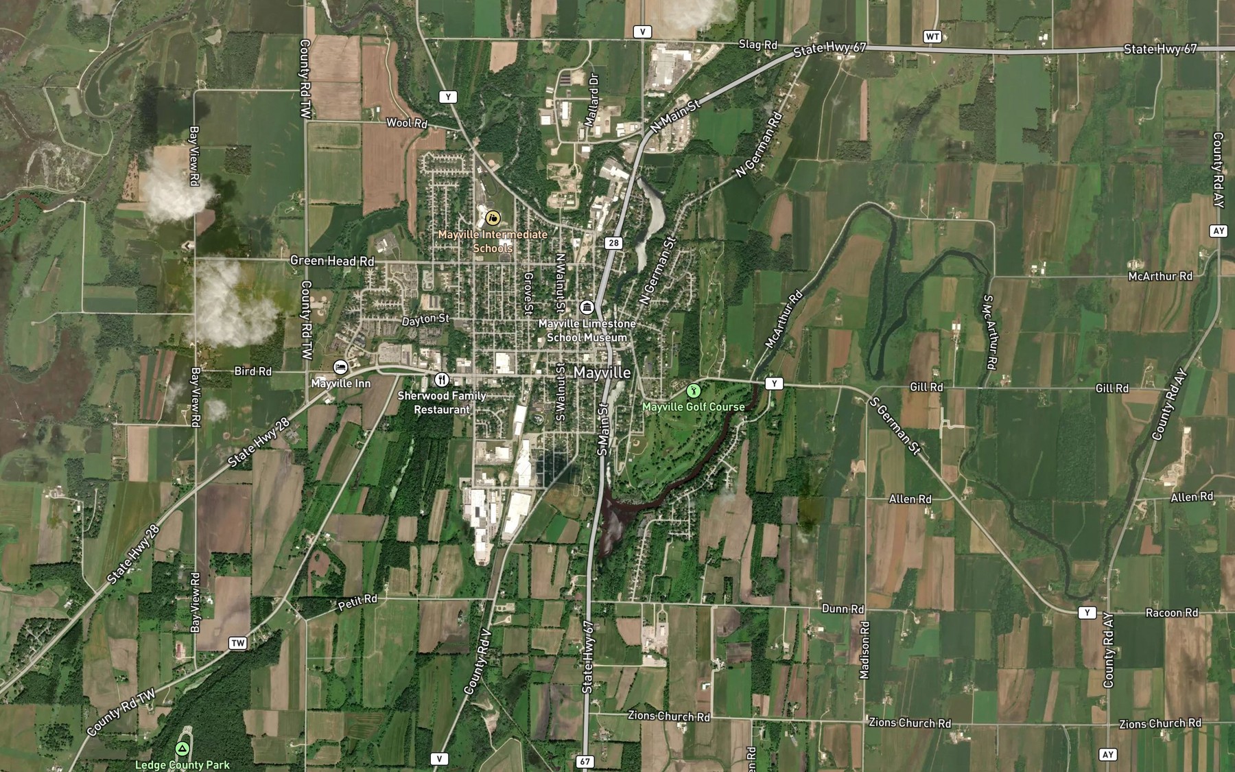 Satellite map of the Upper Mayville Millpond 172