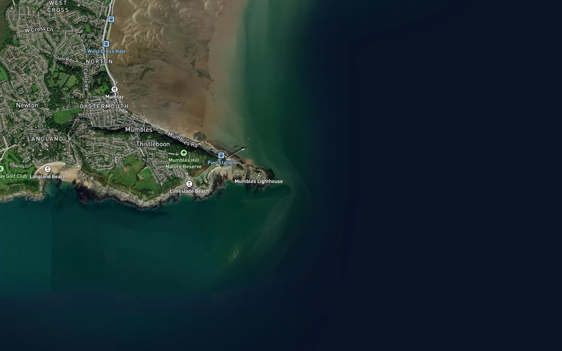 Satellite map of the Mumbles Road