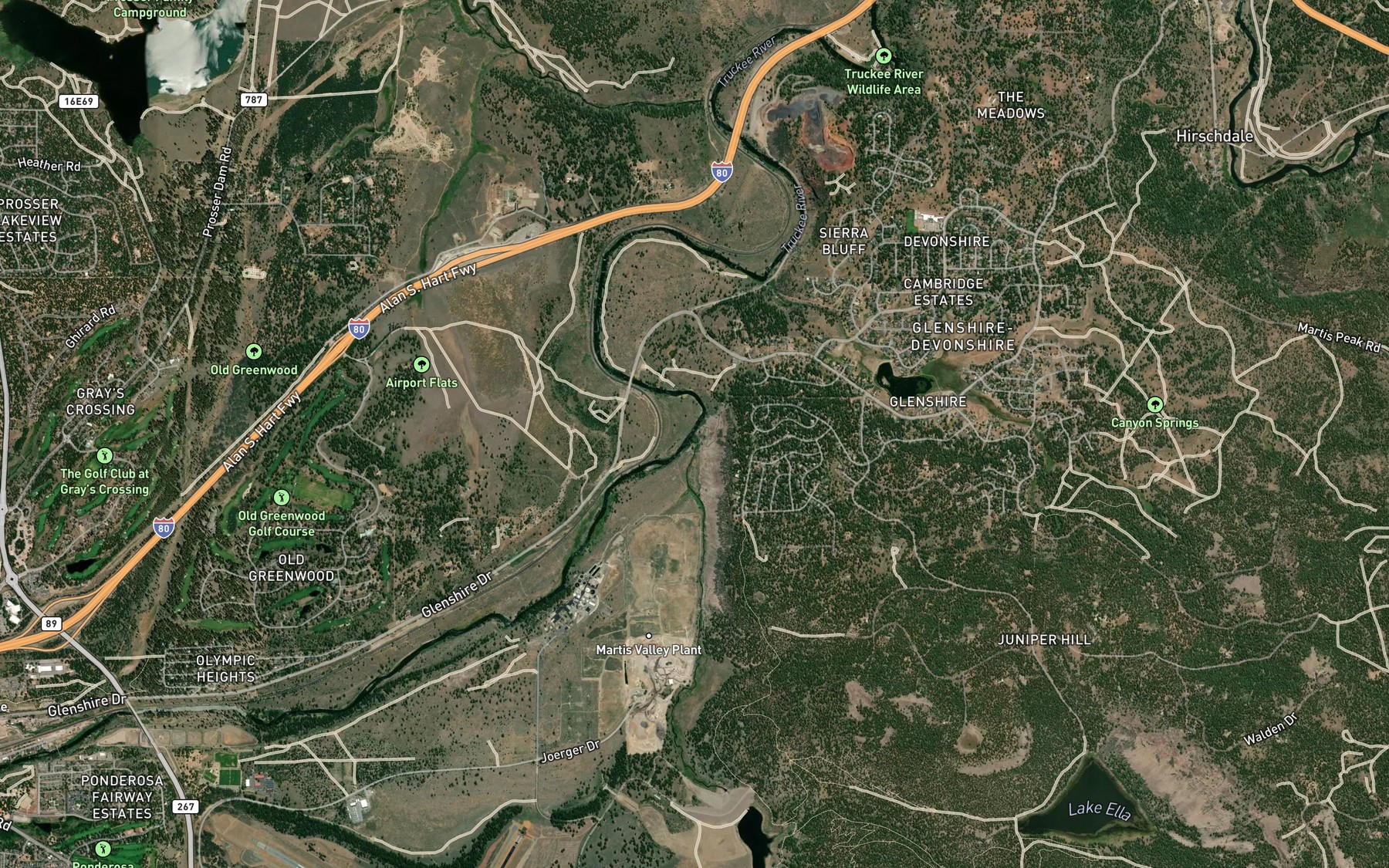Satellite map of the Martis Creek
