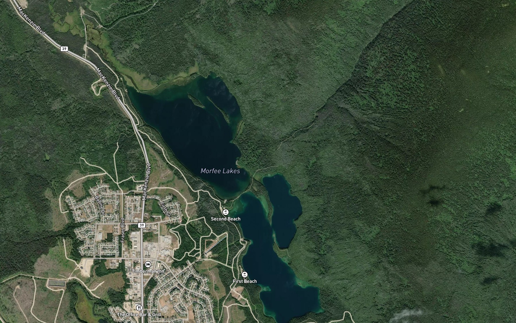 Satellite map of the Morfee Lakes