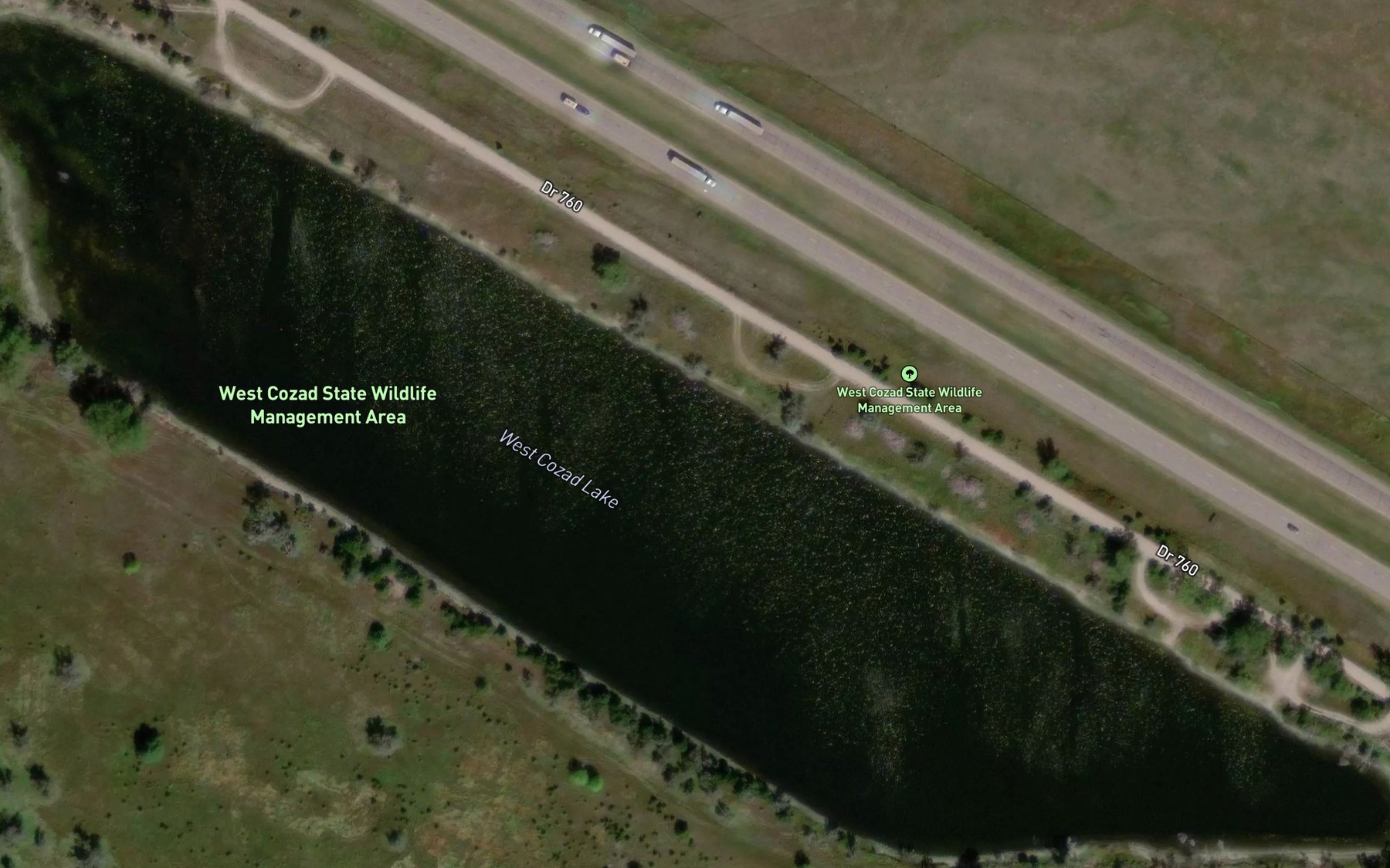 Satellite map of the West Cozad Lake