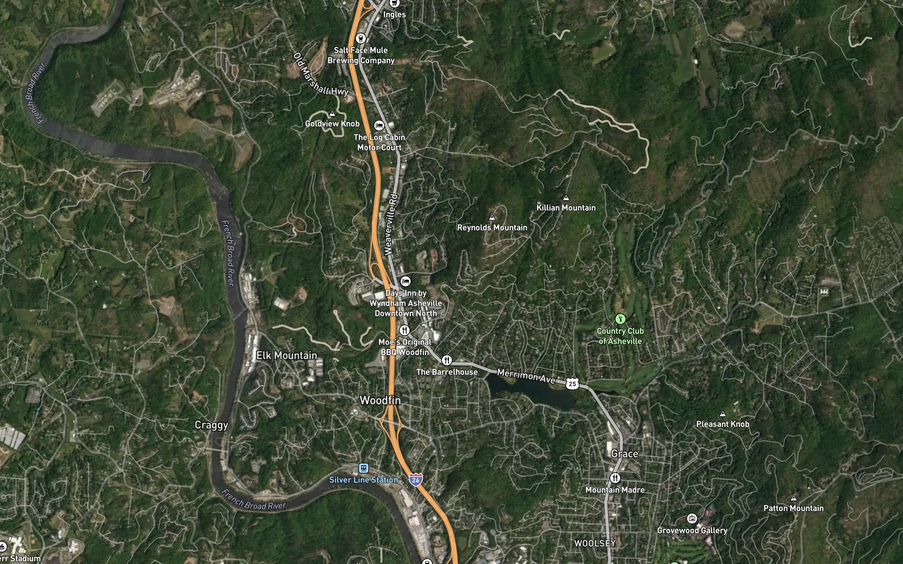 Satellite map of the Woodfin Reservoir