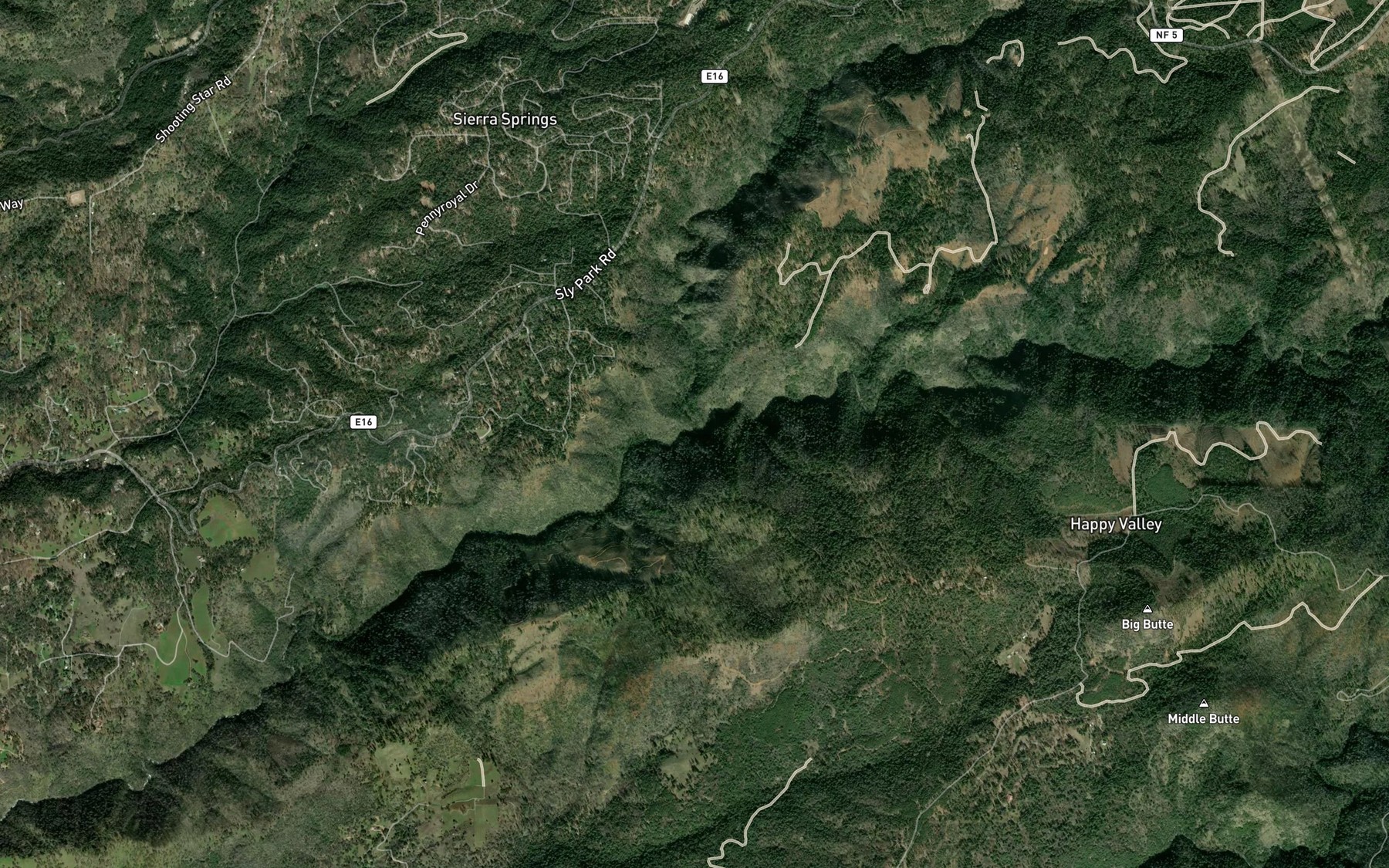 Satellite map of the Sly Park Creek
