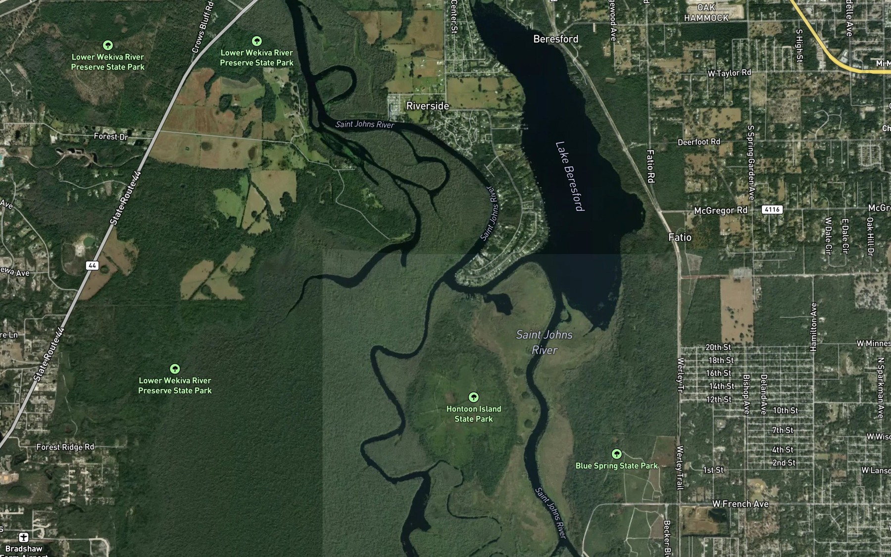 Satellite map of the Hontoon Dead River