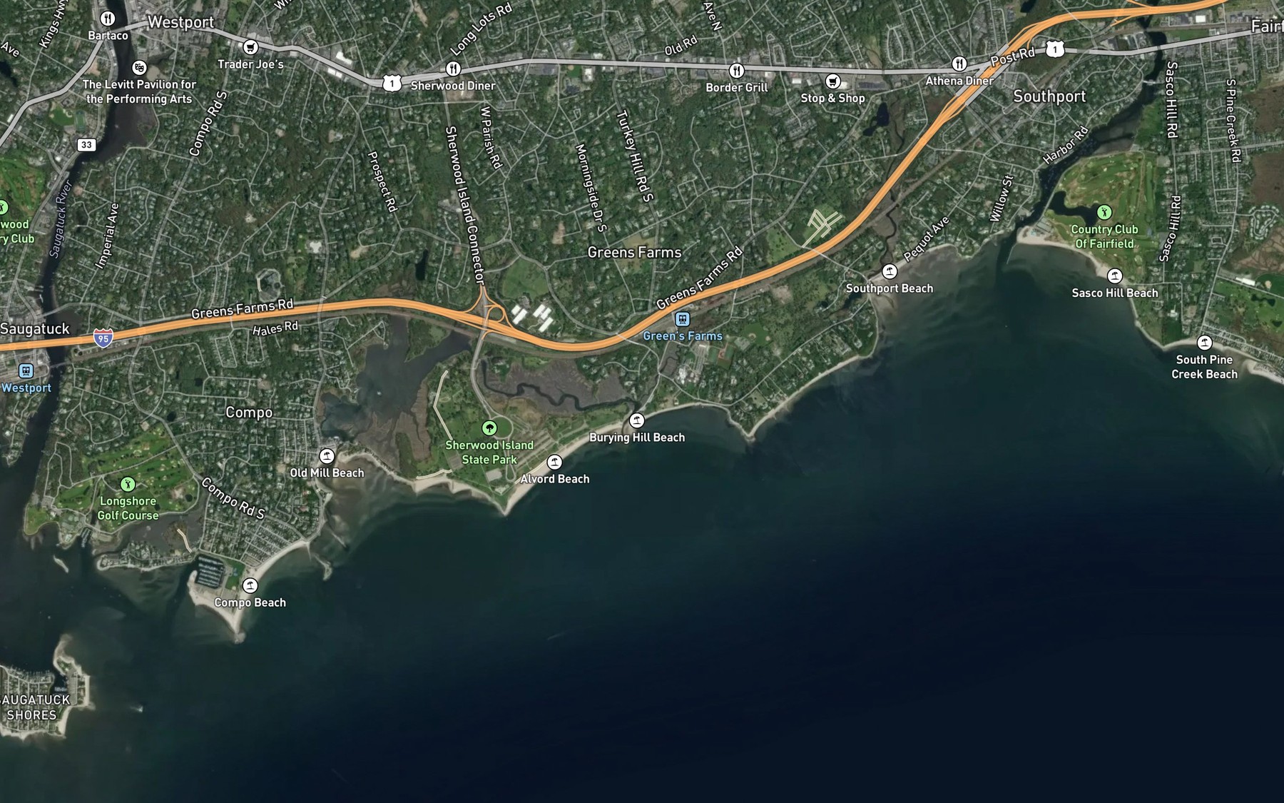 Satellite map of the Greens Farms Brook