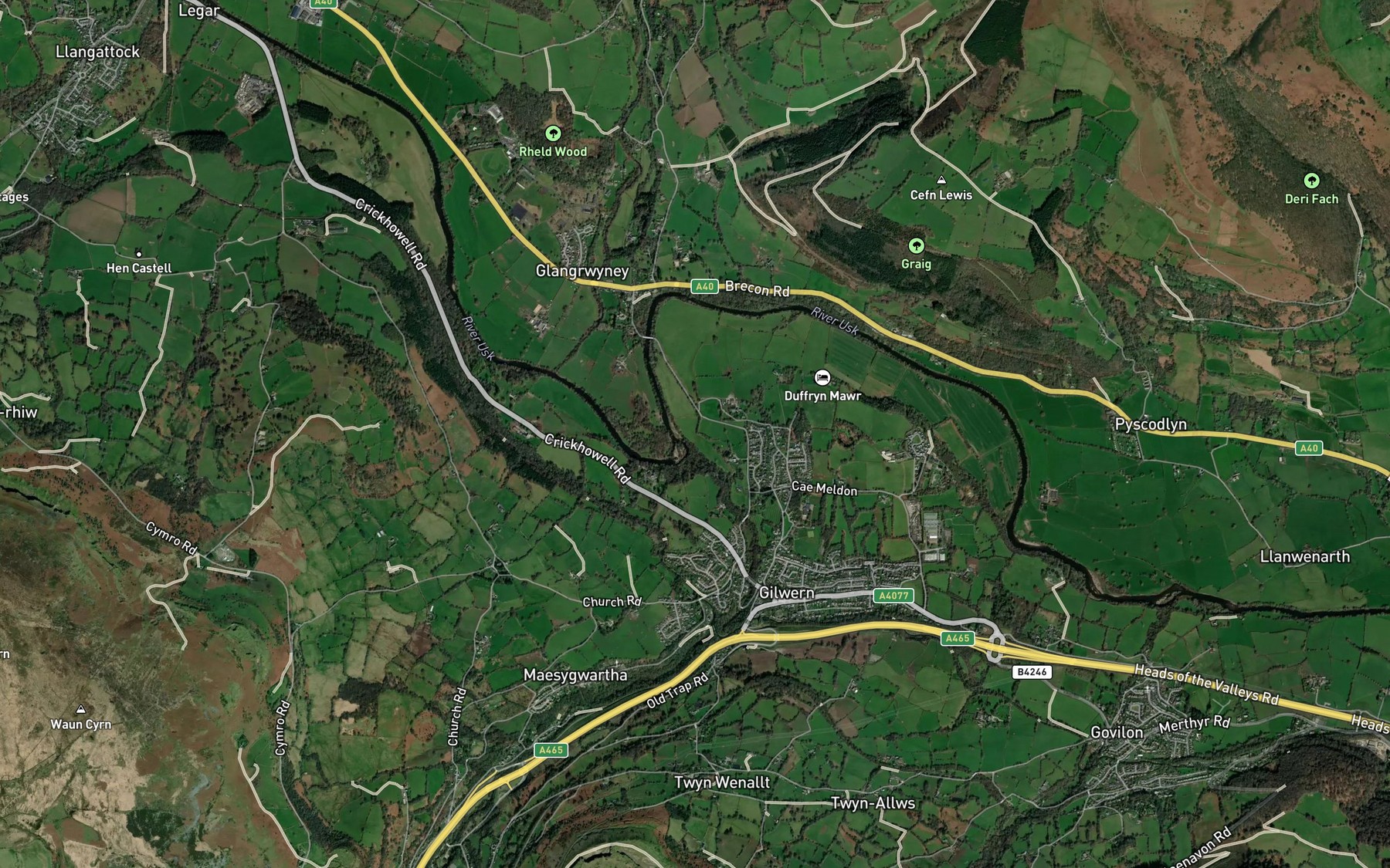 Satellite map of the Grwyne Fawr