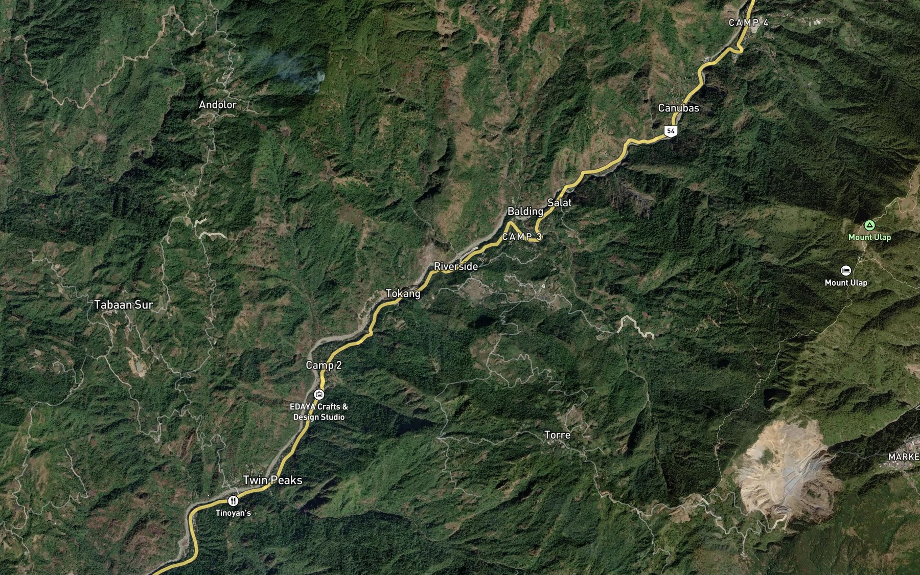 Satellite map of the Camp Three River