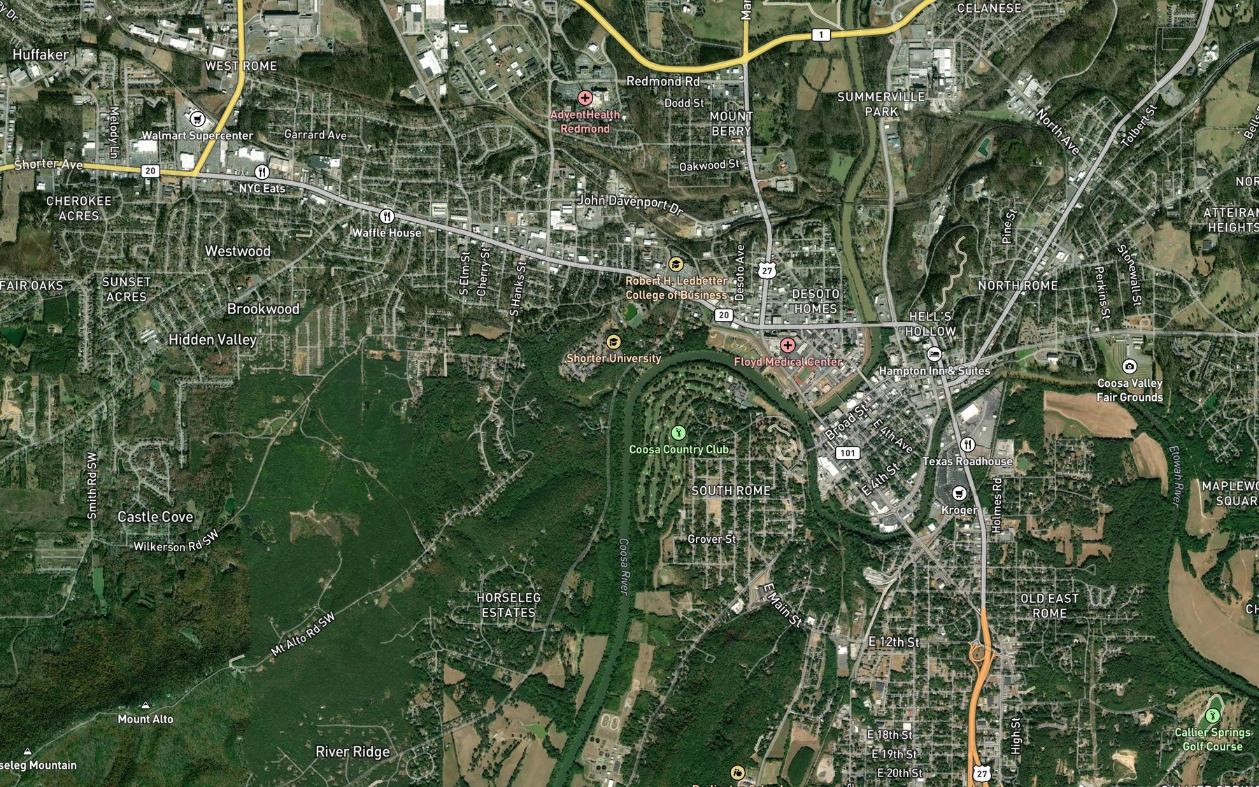 Satellite map of the Horseleg Creek