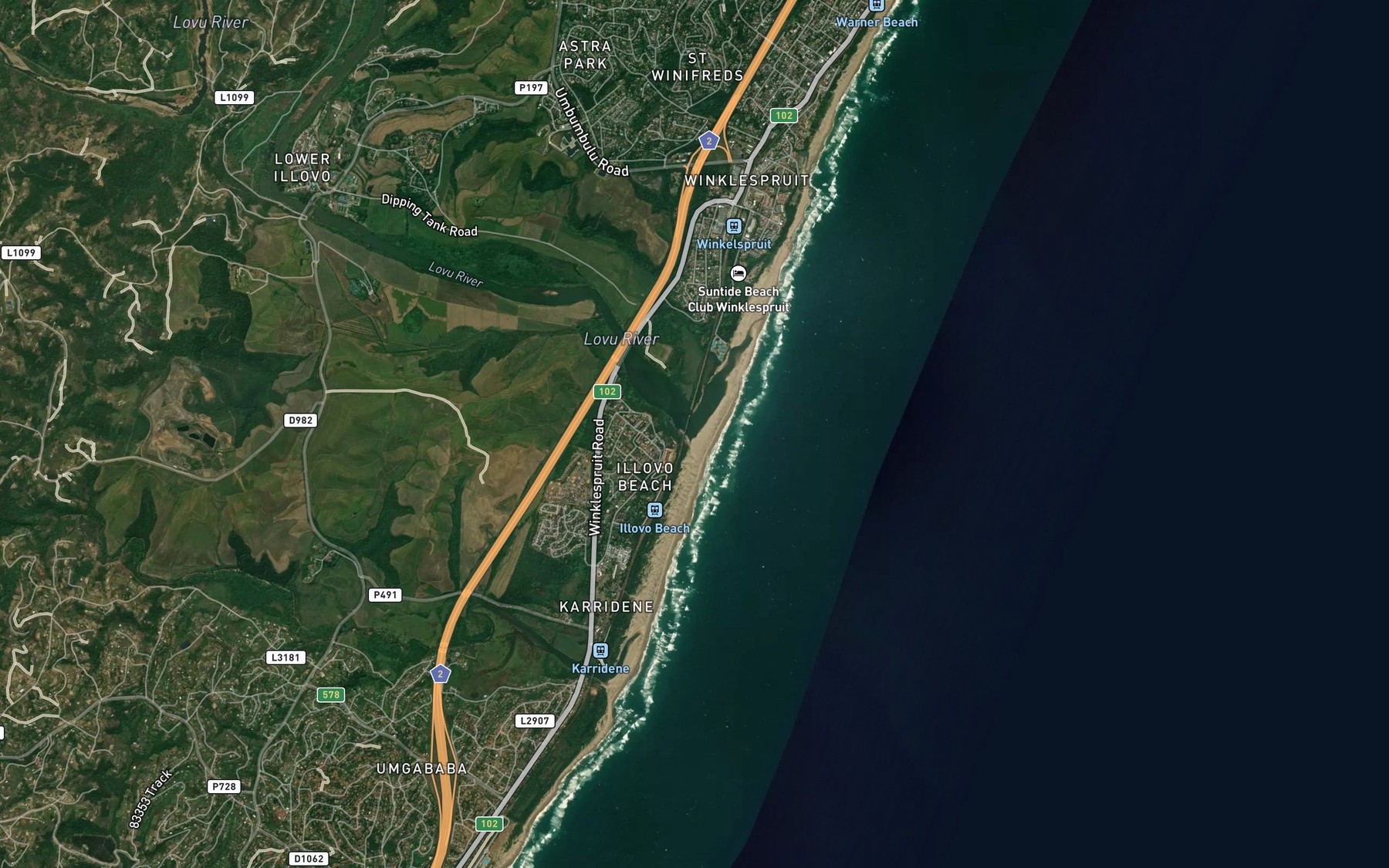 Satellite map of the Illovo River