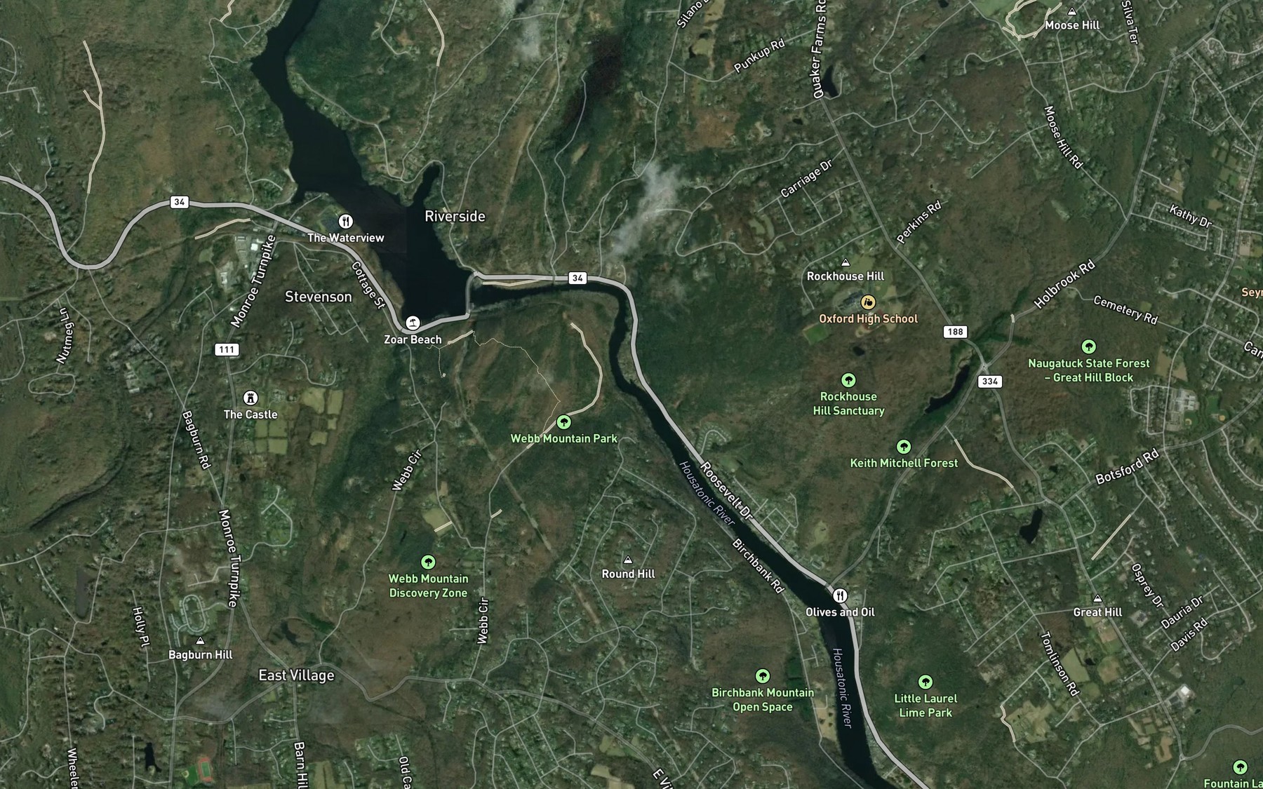 Satellite map of the Round Hill Brook