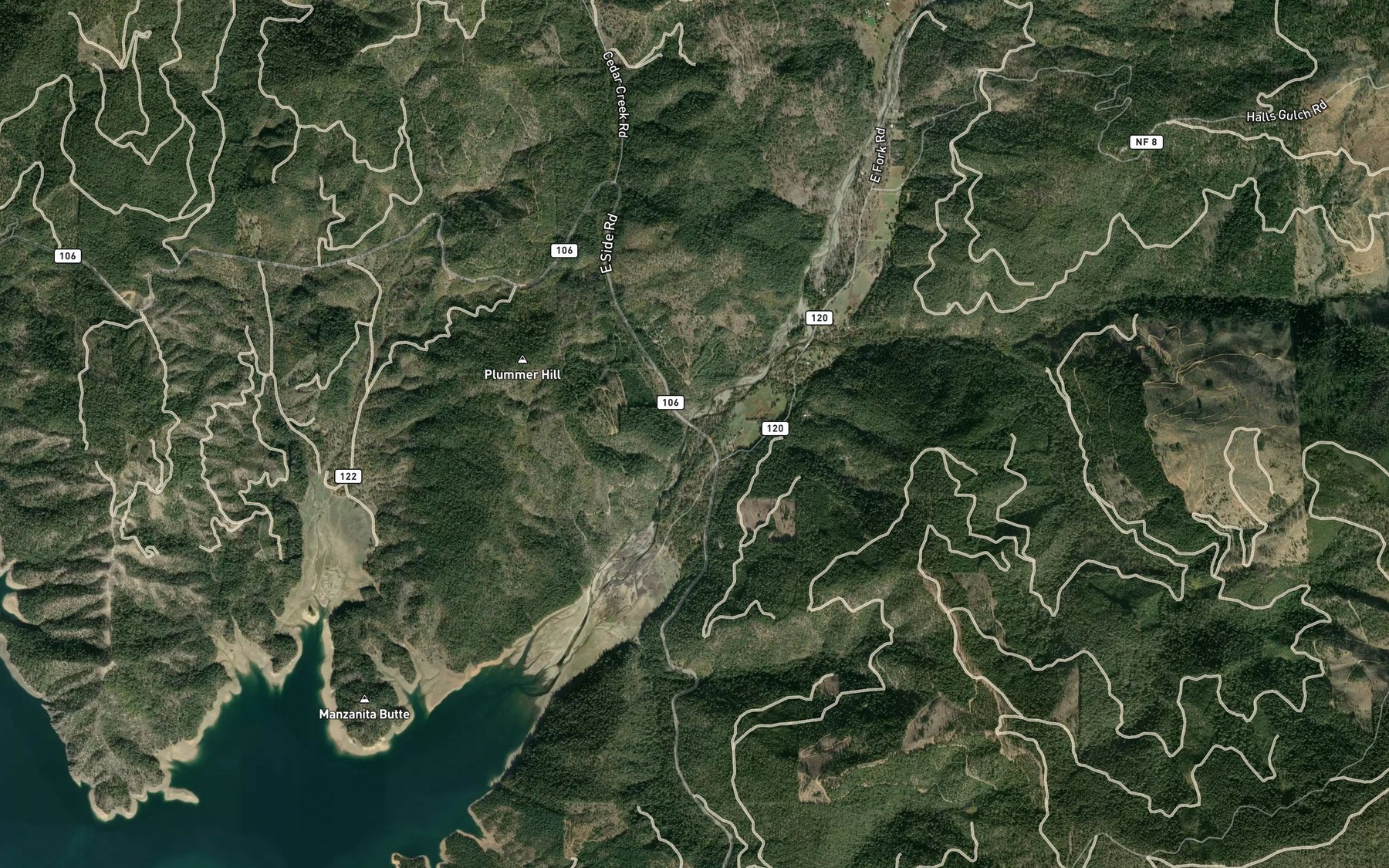 Satellite map of the East Fork Trinity River