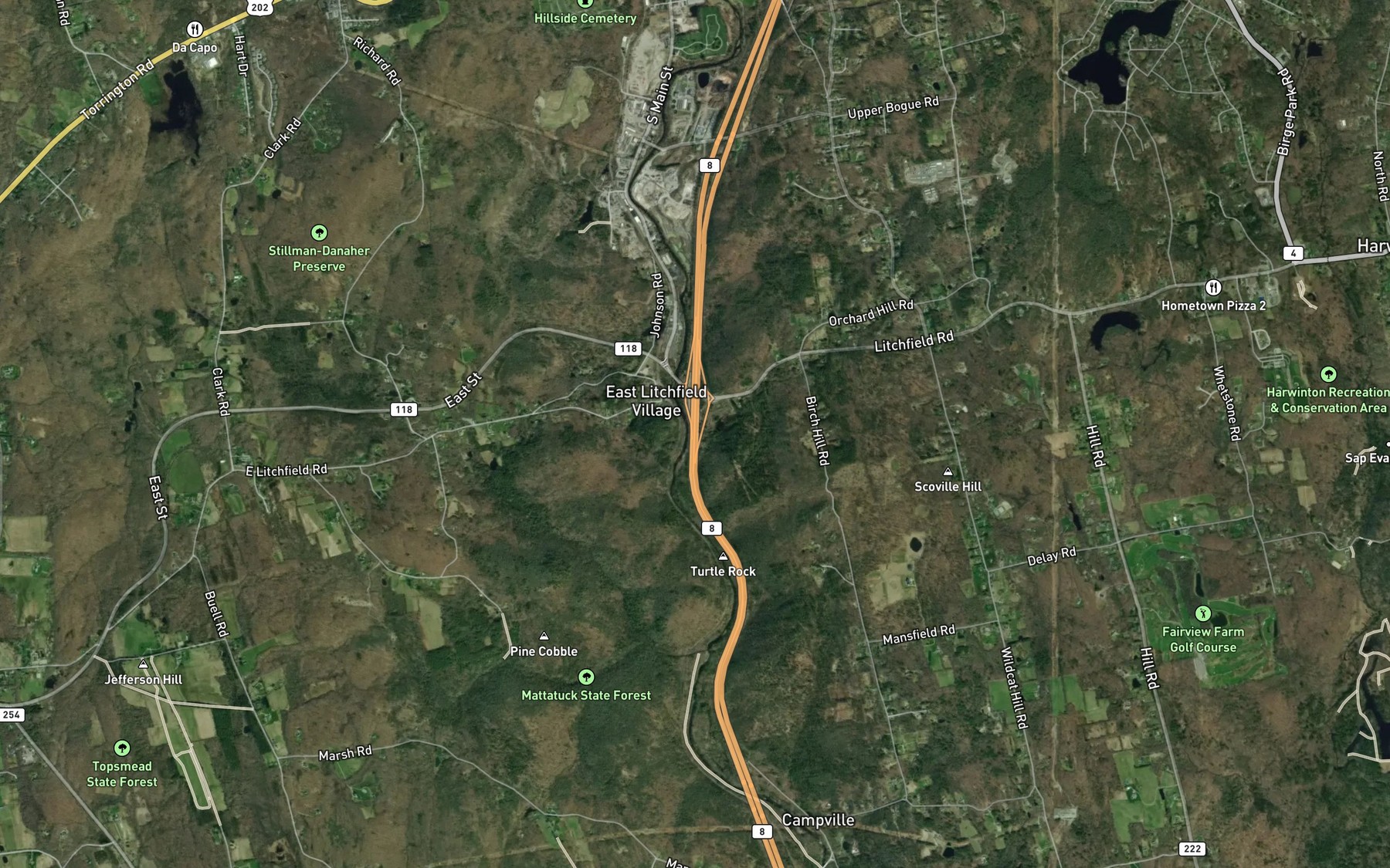 Satellite map of the Pickett Brook