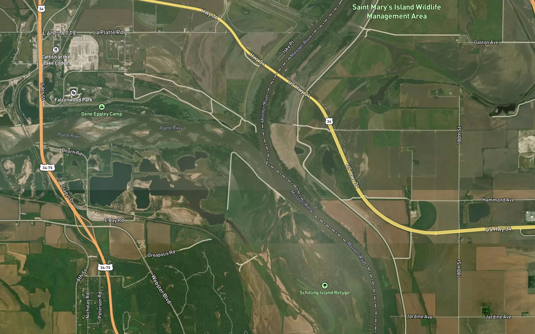 Satellite map of the Platte River