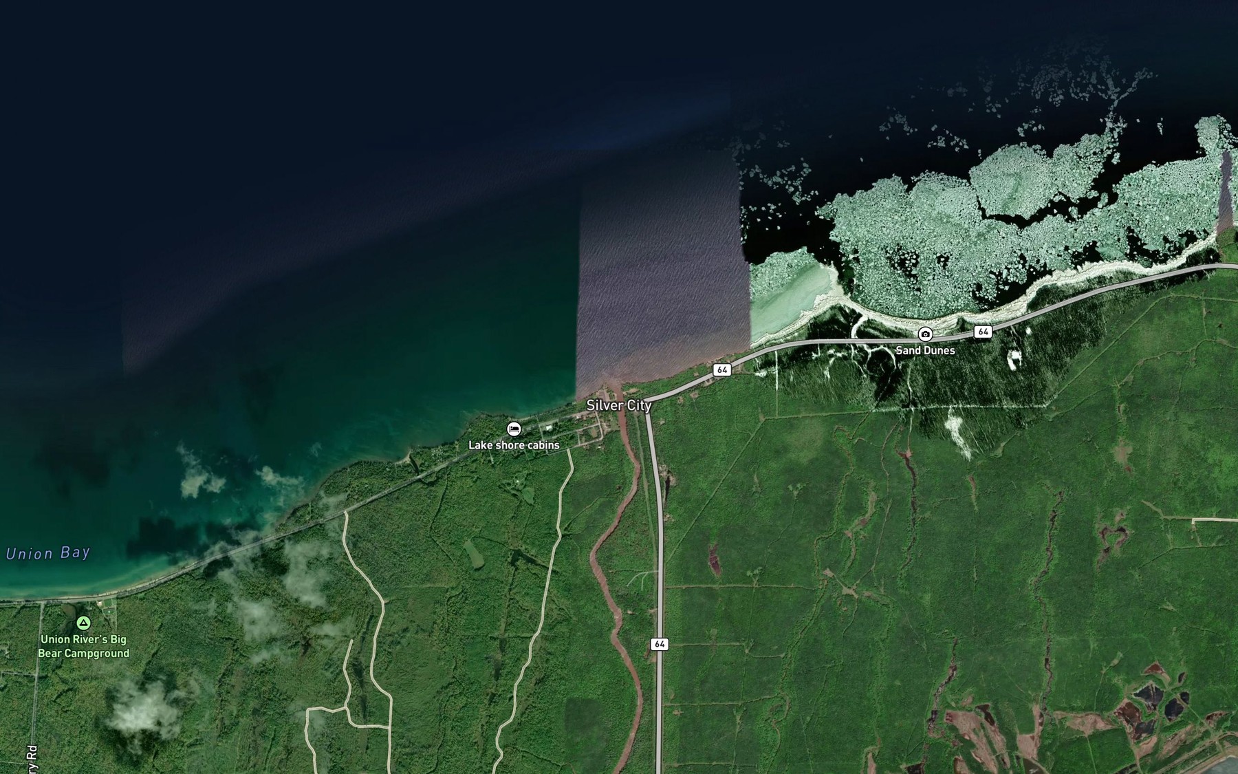 Satellite map of the Big Iron River