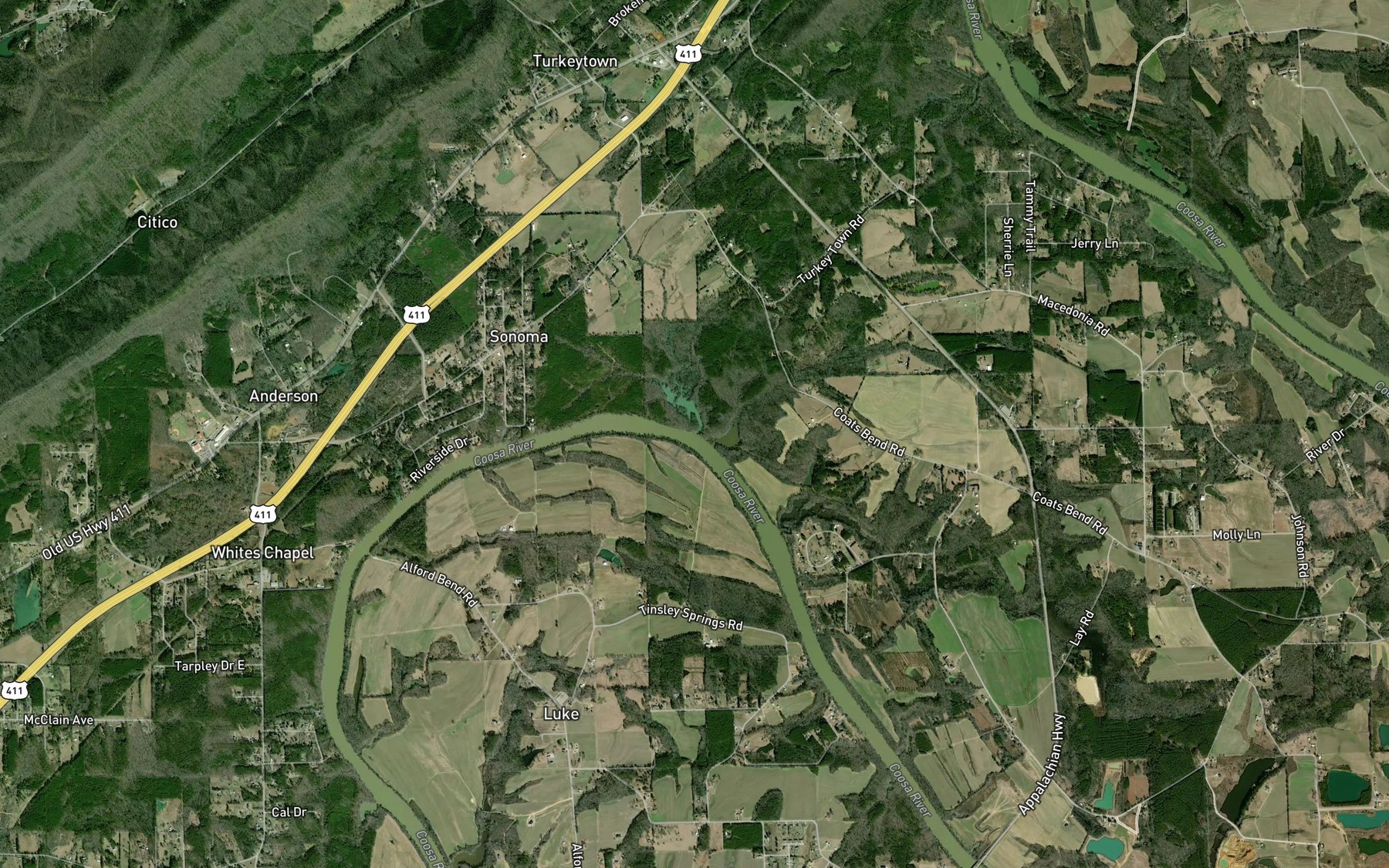 Satellite map of the Turkeytown Creek