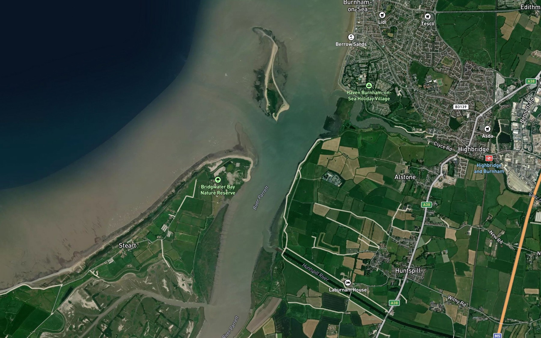 Satellite map of the River Parrett