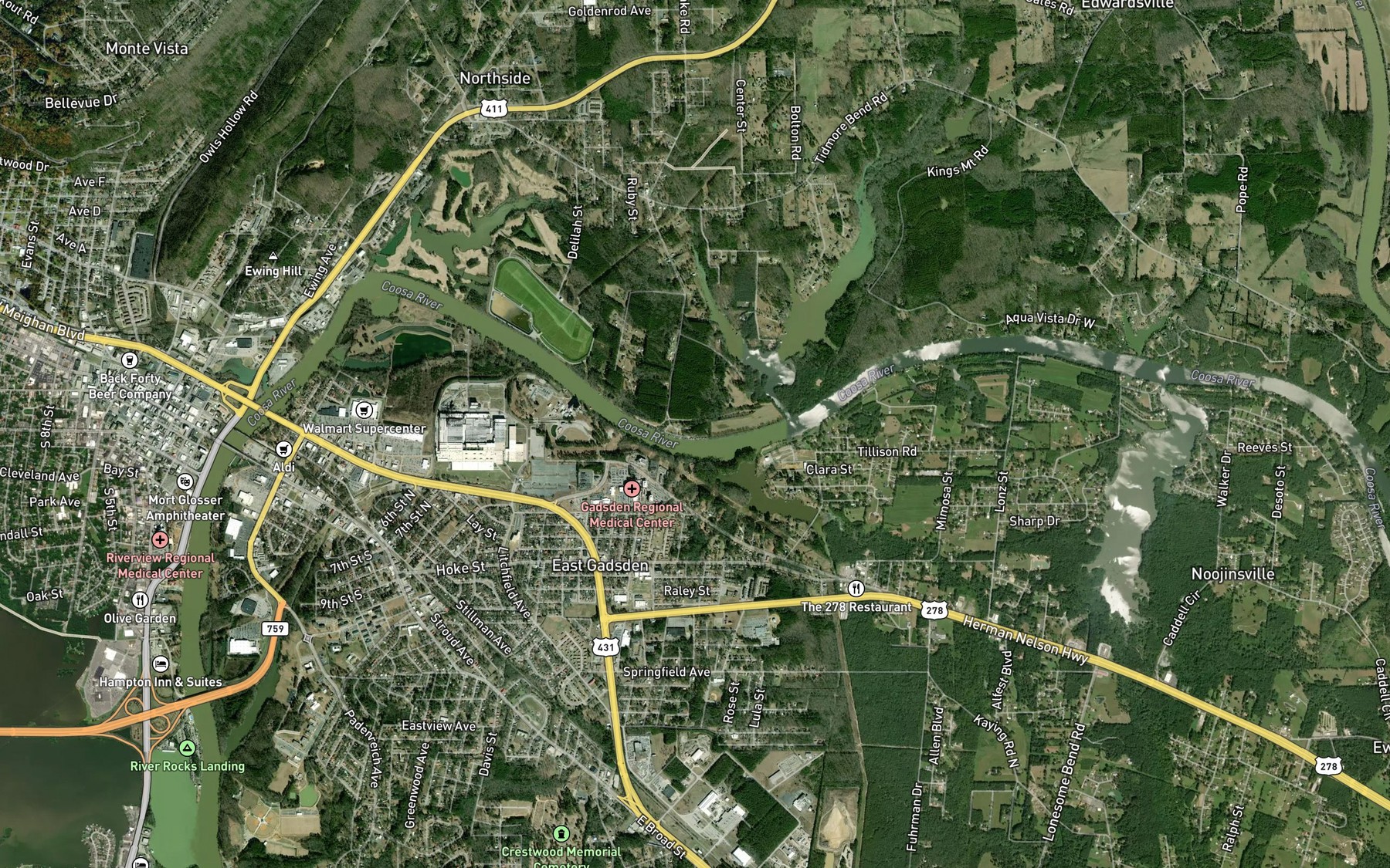Satellite map of the Tillisons Bend