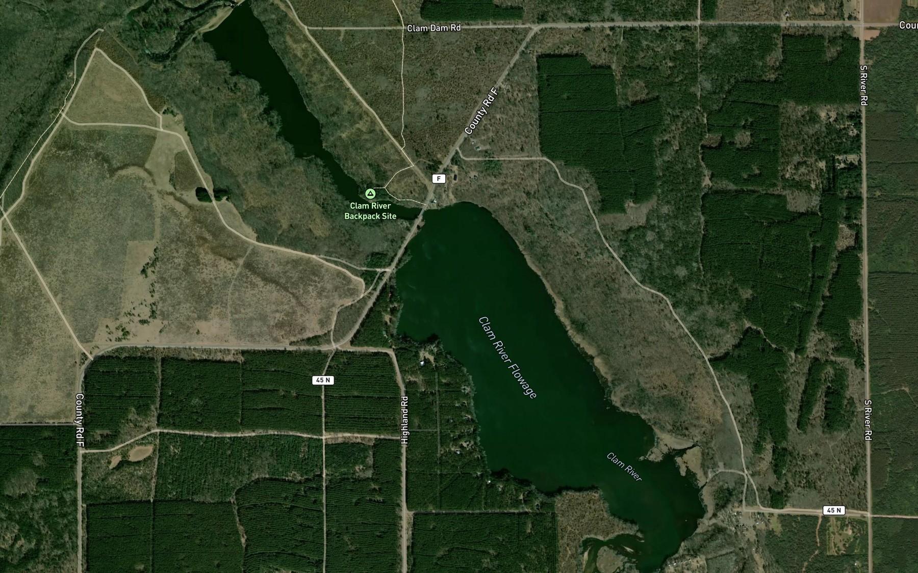 Satellite map of the Clam River Flowage