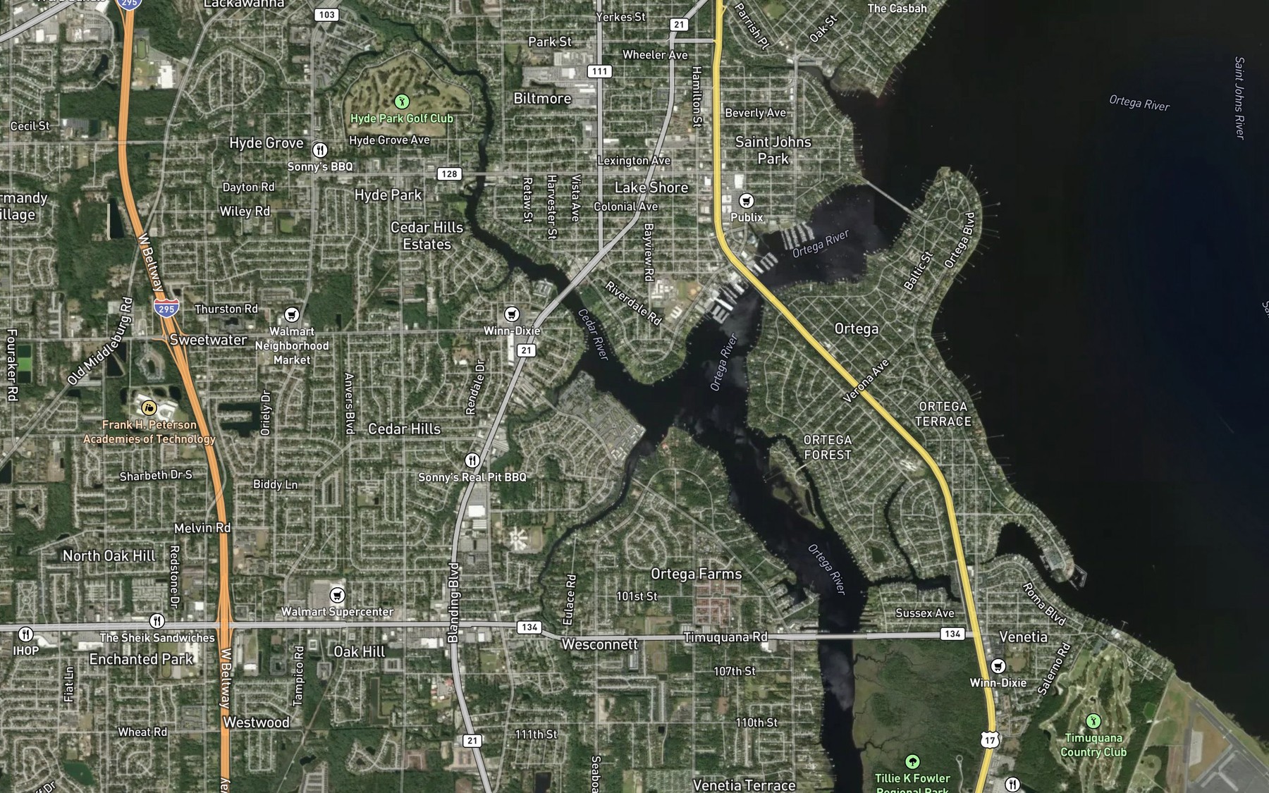 Satellite map of the Cedar River