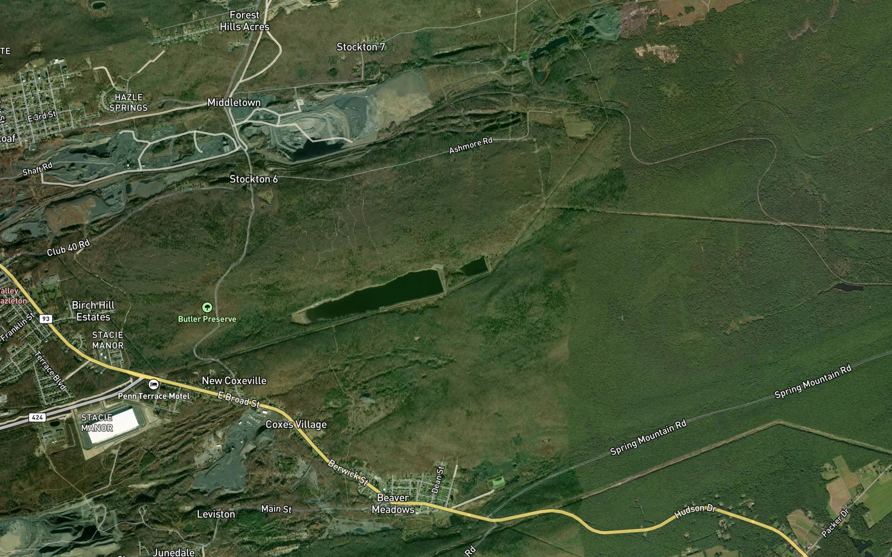 Satellite map of the Dreck Creek Reservoir