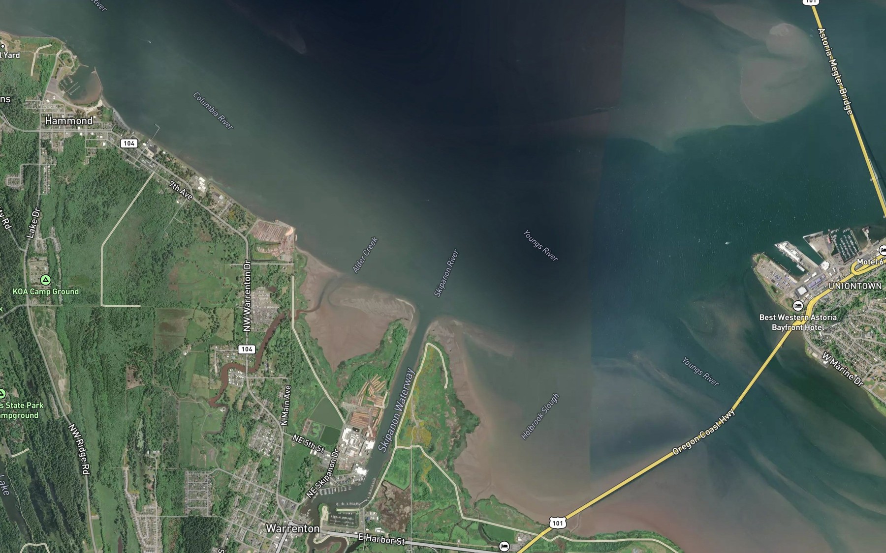 Satellite map of the Skipanon River