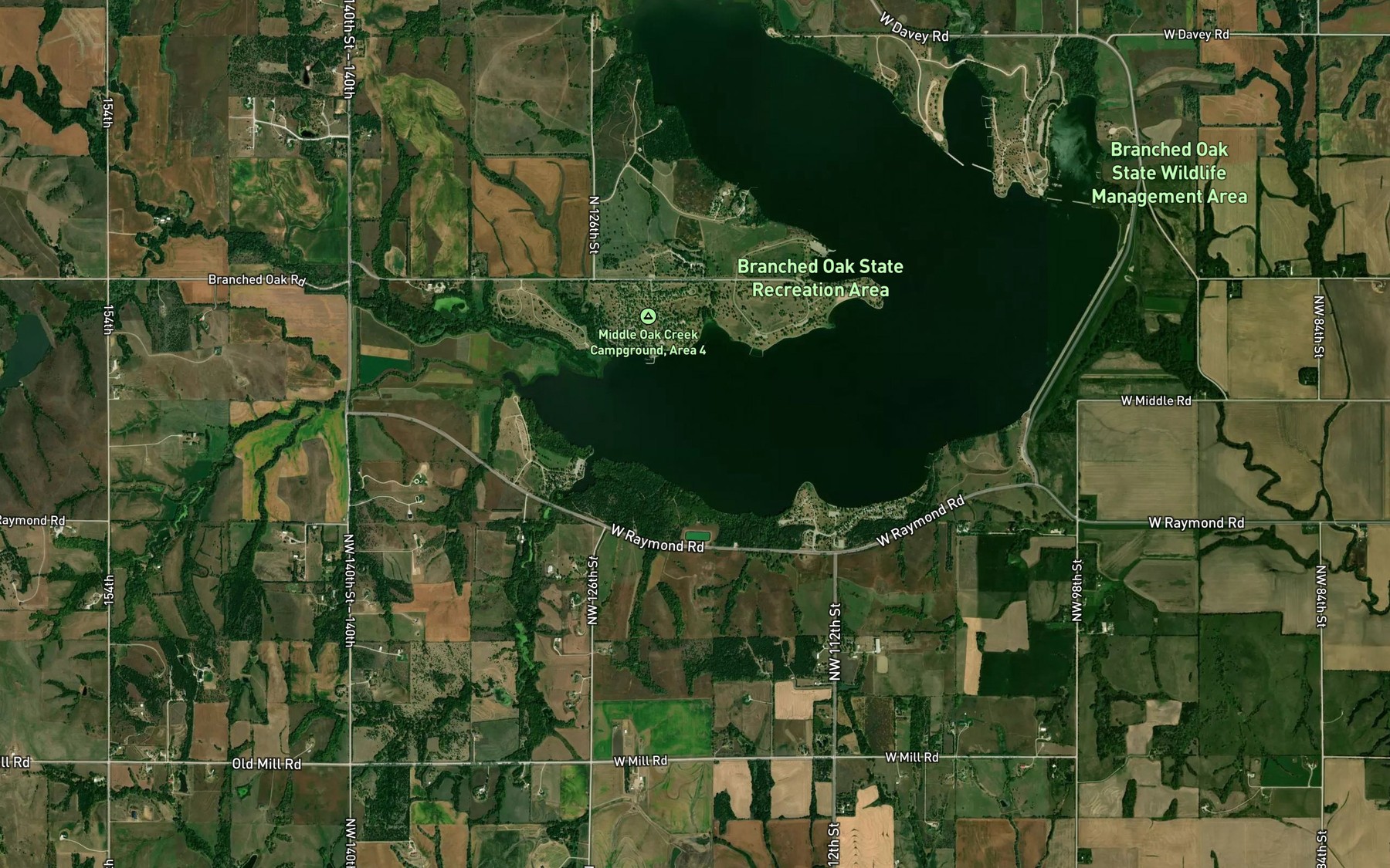 Satellite map of the Branch Oak Lake