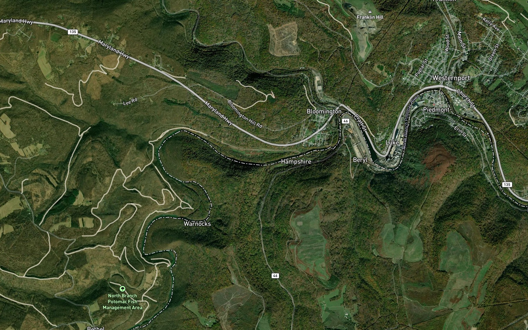 Satellite map of the Piney Swamp Run