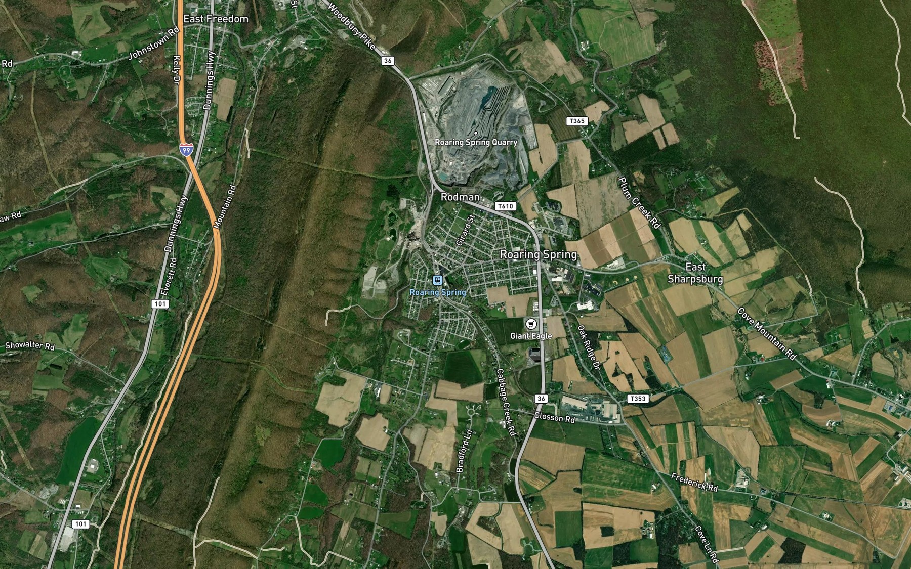 Satellite map of the Roaring Spring