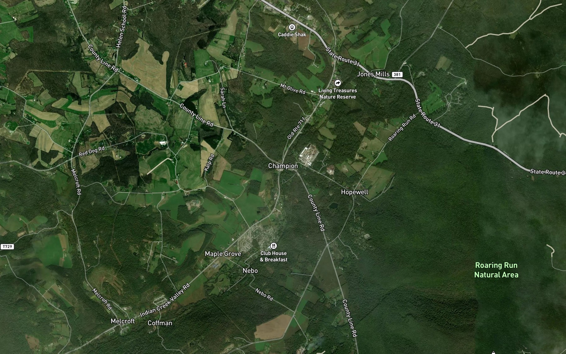 Satellite map of the Roaring Run