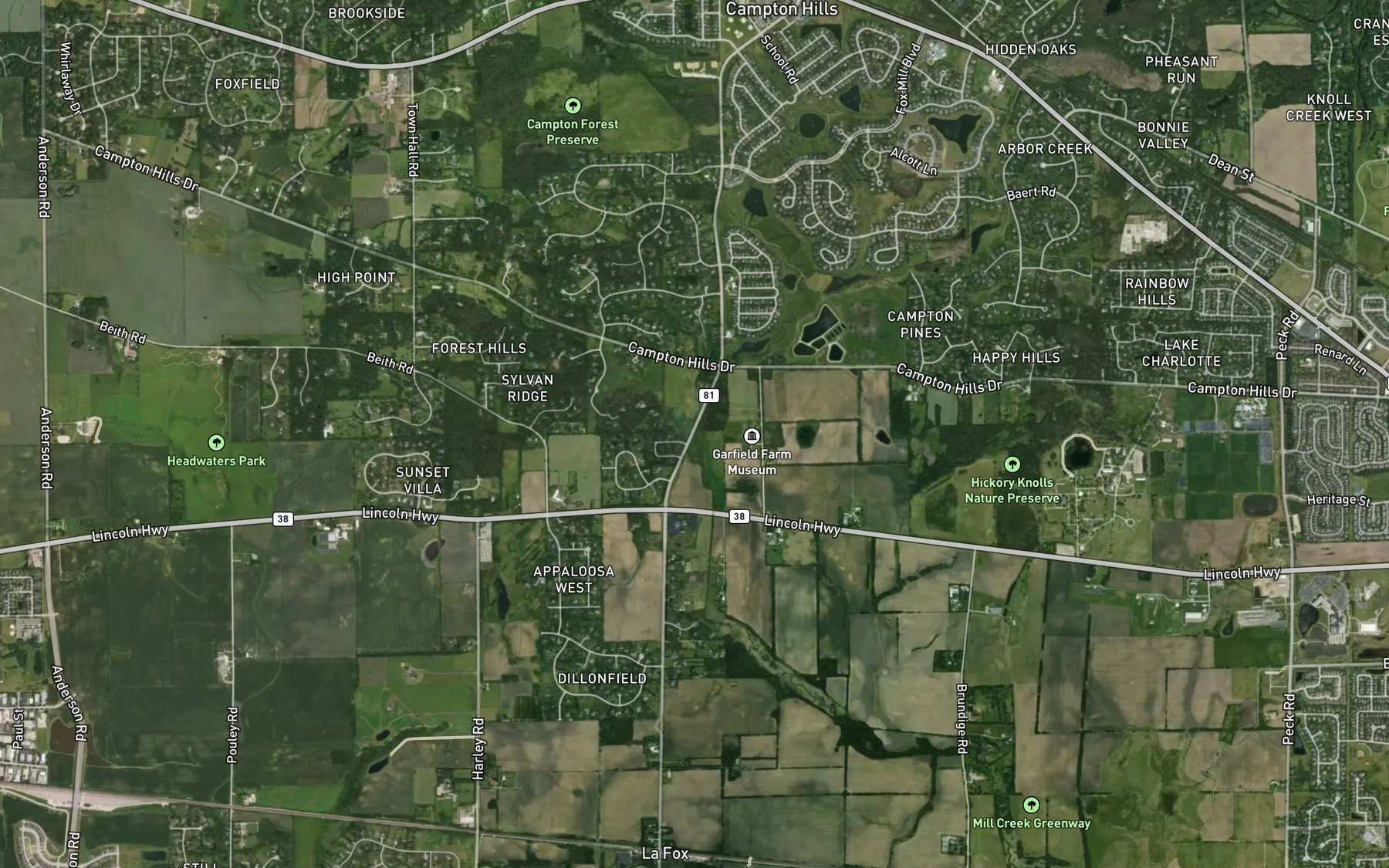 Satellite map of the Campton Woods Run