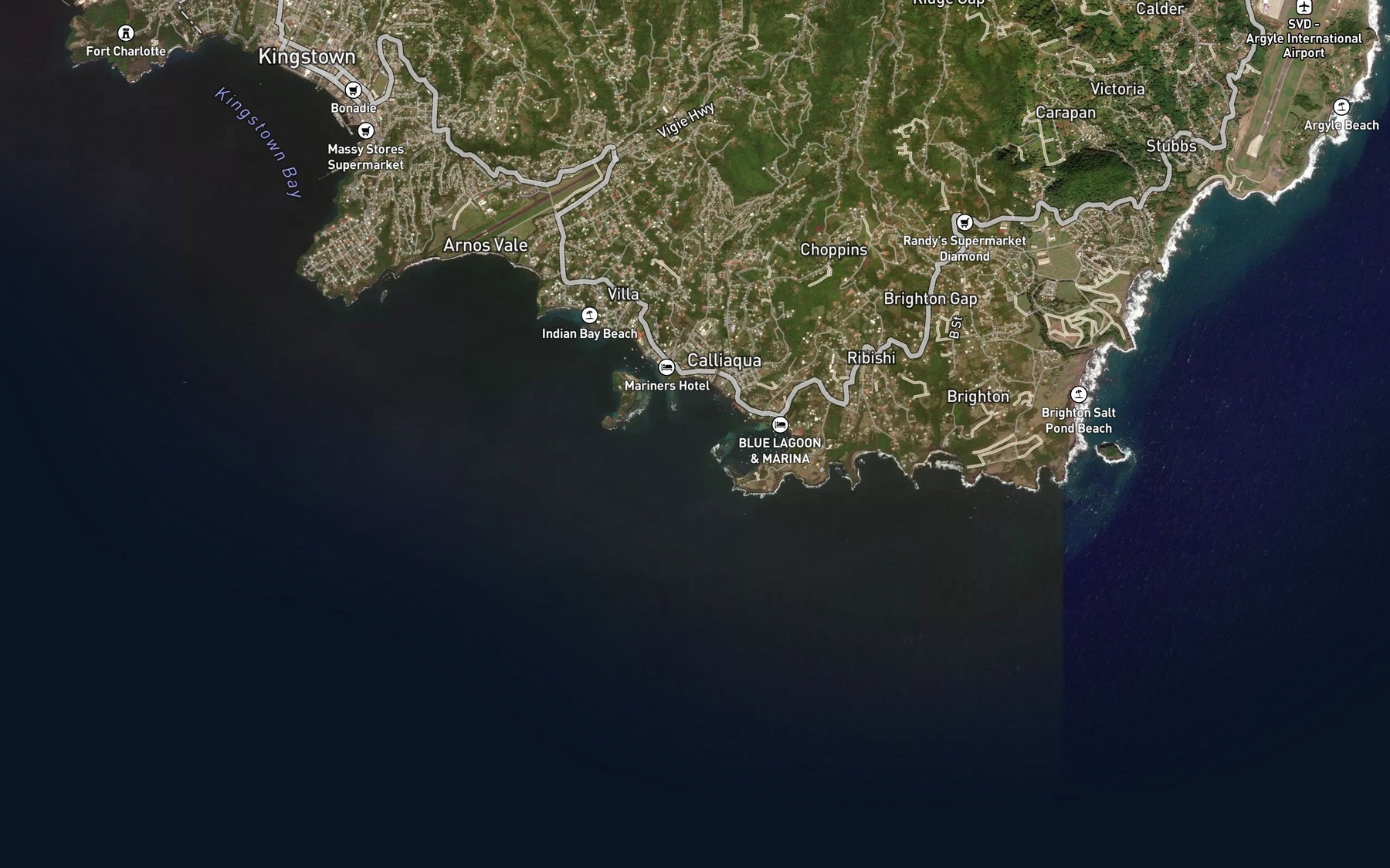 Satellite map of the Calliaqua Bay