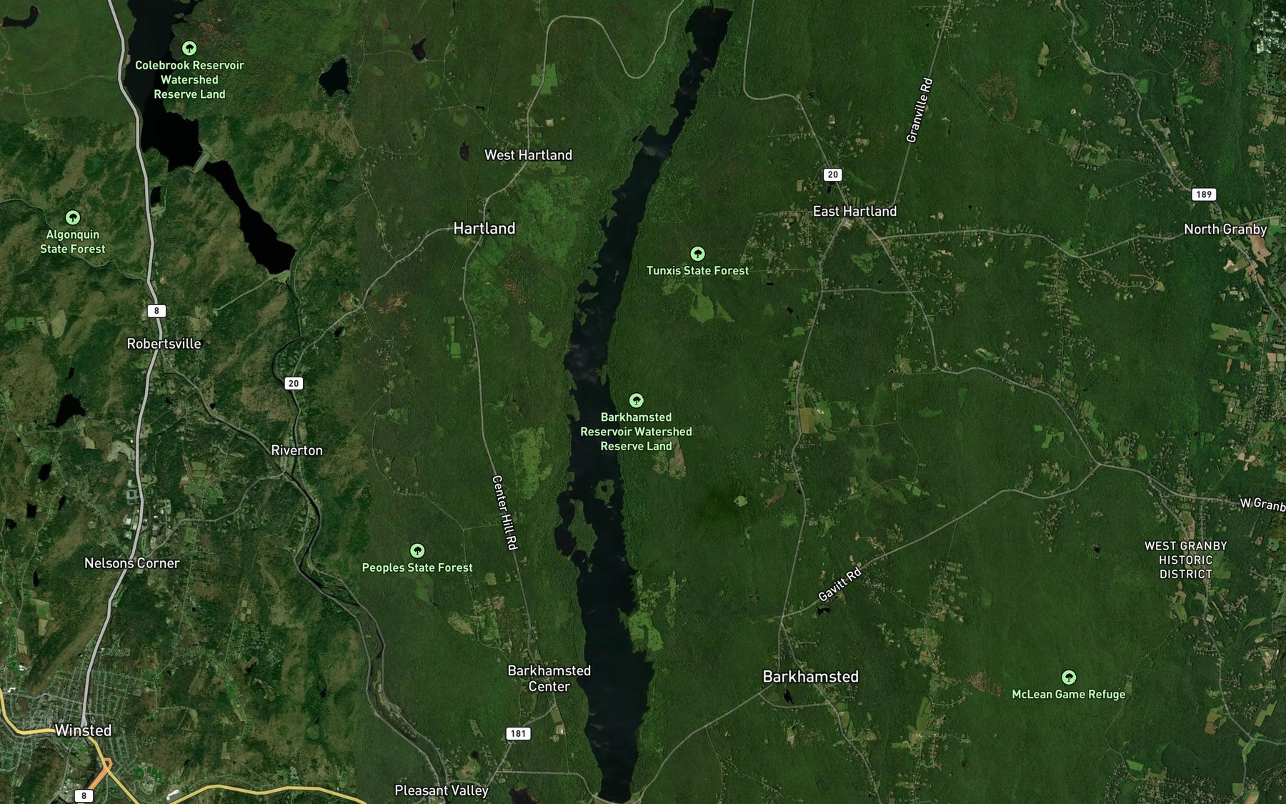 Satellite map of the Barkhamsted Reservoir
