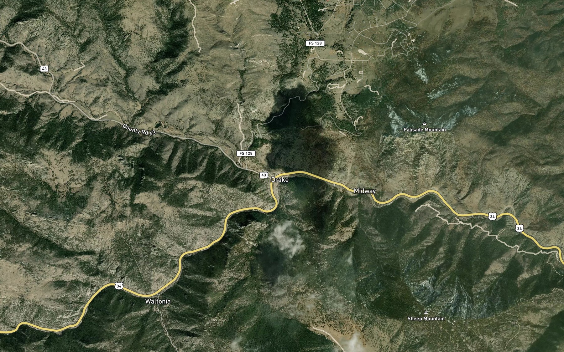 Satellite map of the North Fork Big Thompson River