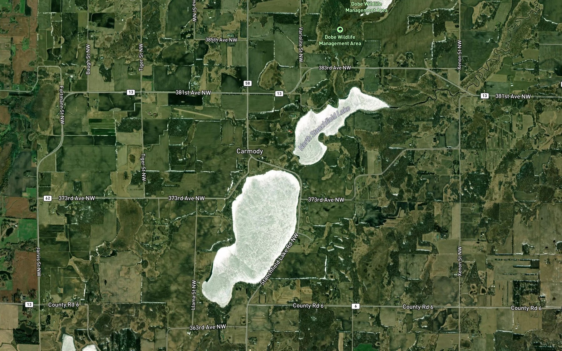 Satellite map of the Stanchfield Lake