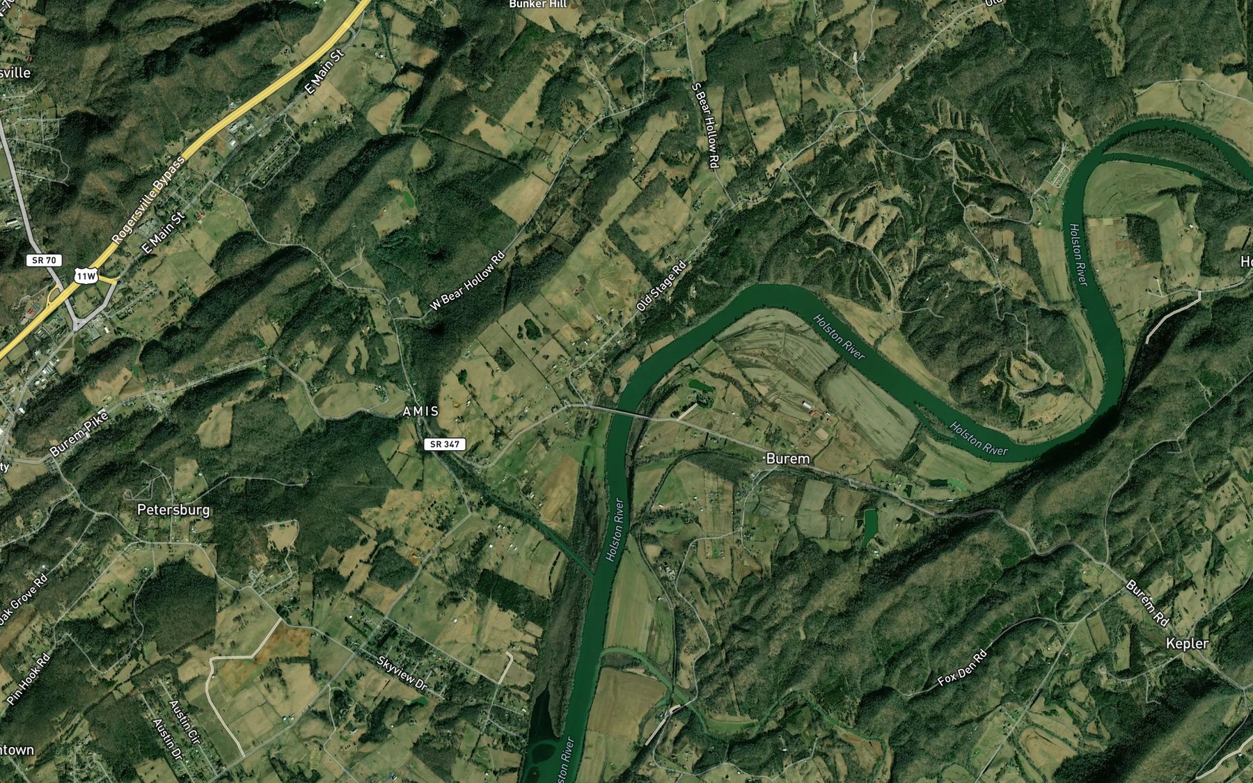 Satellite map of the Sensabaugh Branch