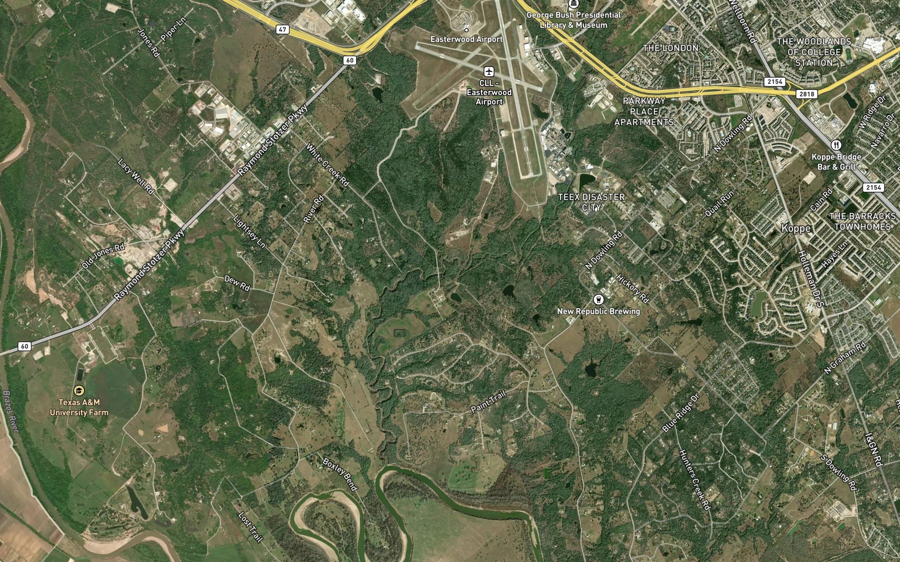 Satellite map of the Texas A and M University Lake Number 1