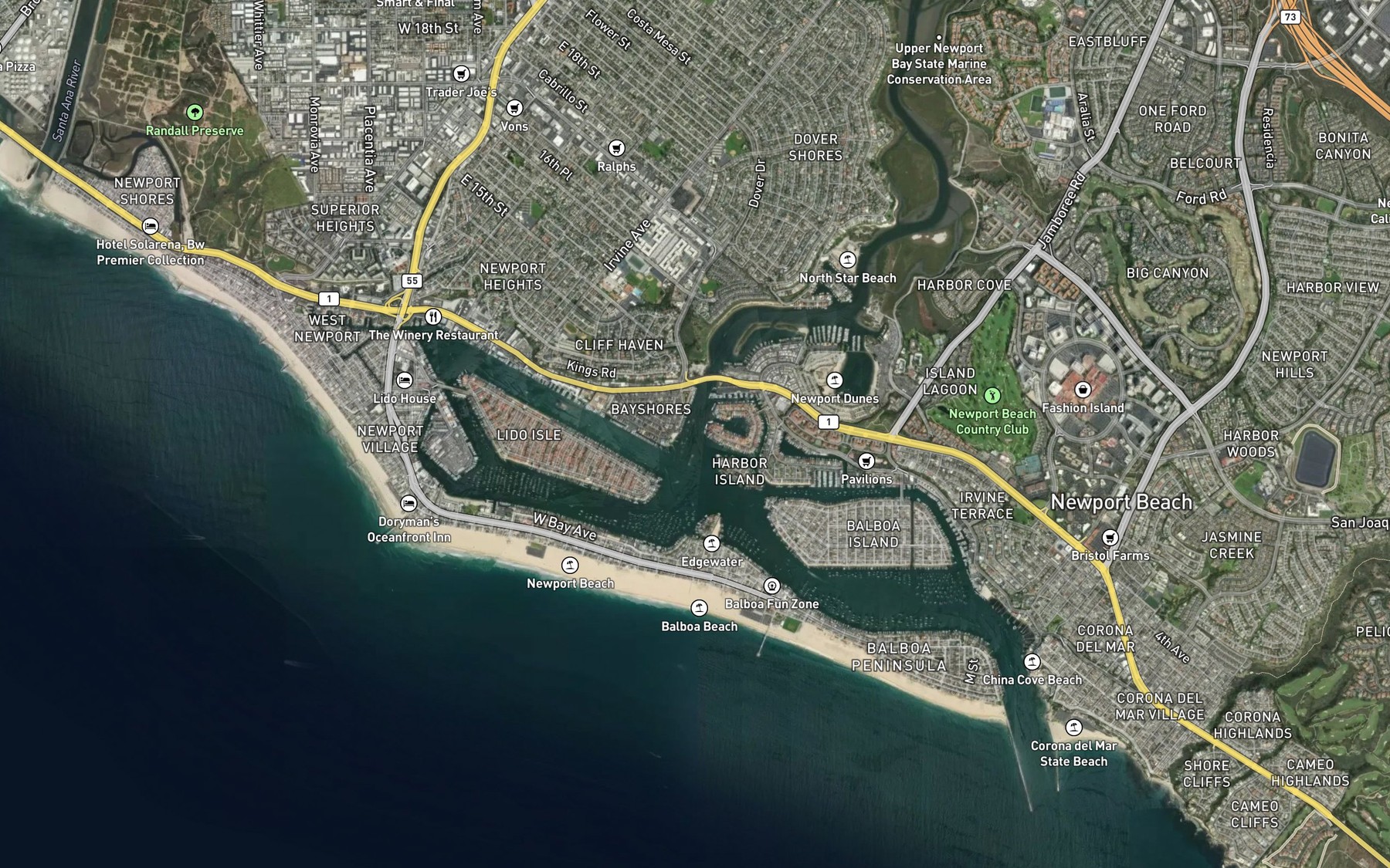Satellite map of the Lower Newport Bay