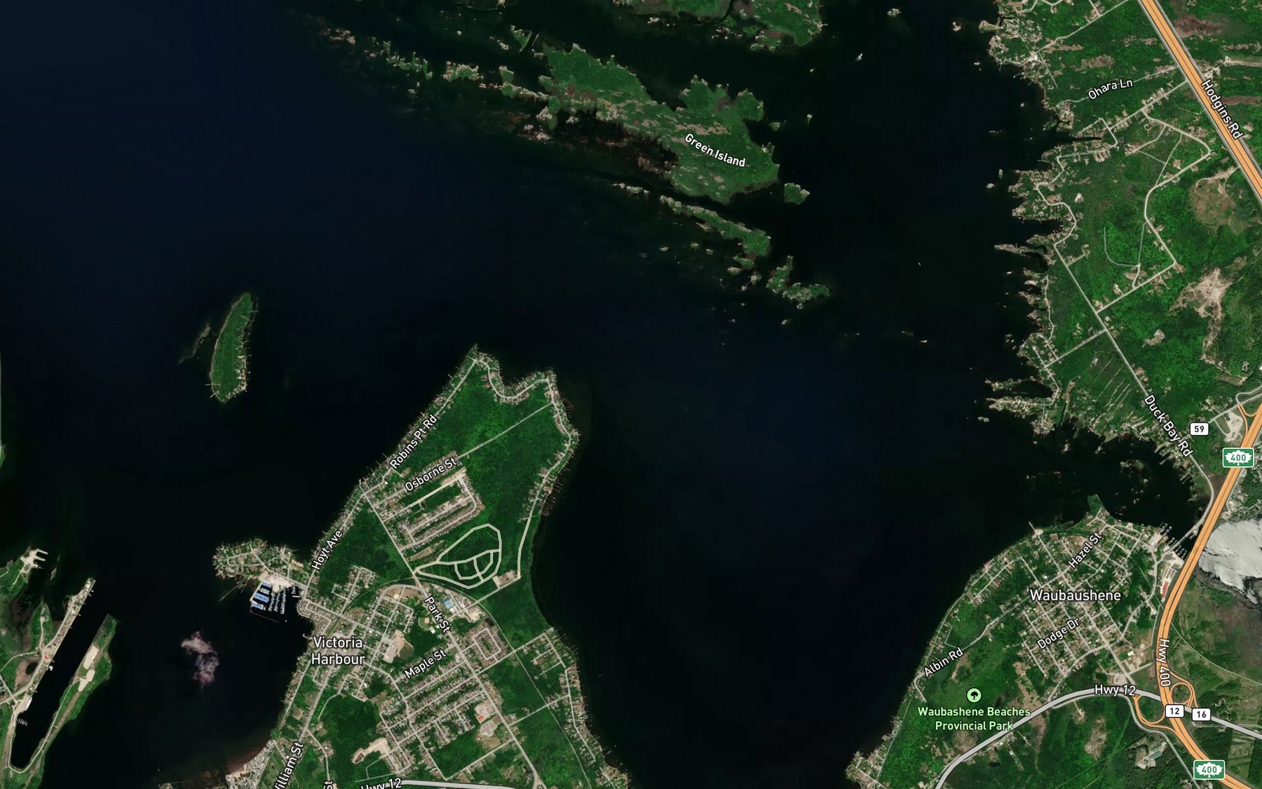 Satellite map of the Waubaushene Channel